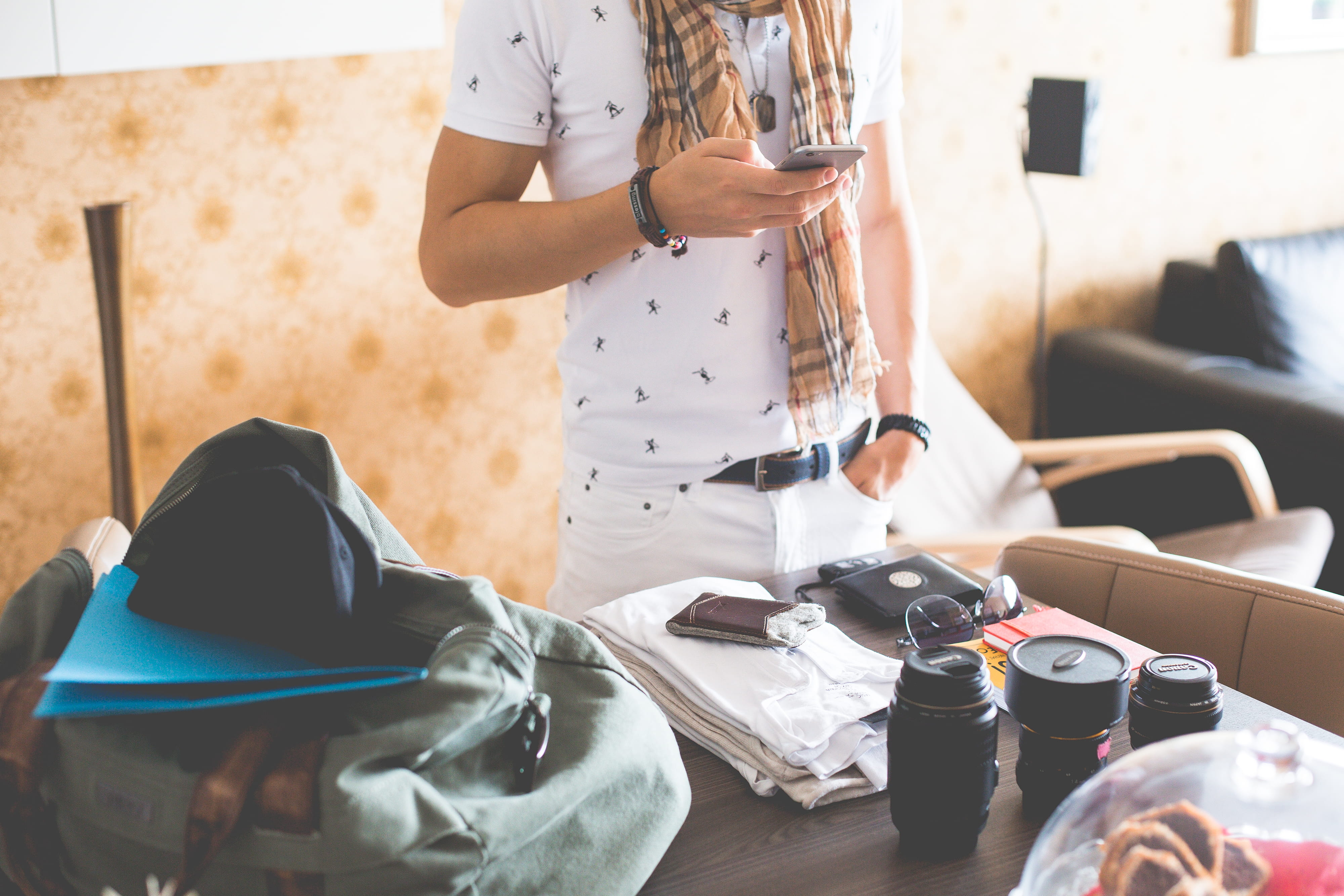 glass, packing, bag, home Interior, iphone 6, people, 4K, midsection, adults only, household equipment, working, traveling, one Person, casual clothing, HD Wallpaper