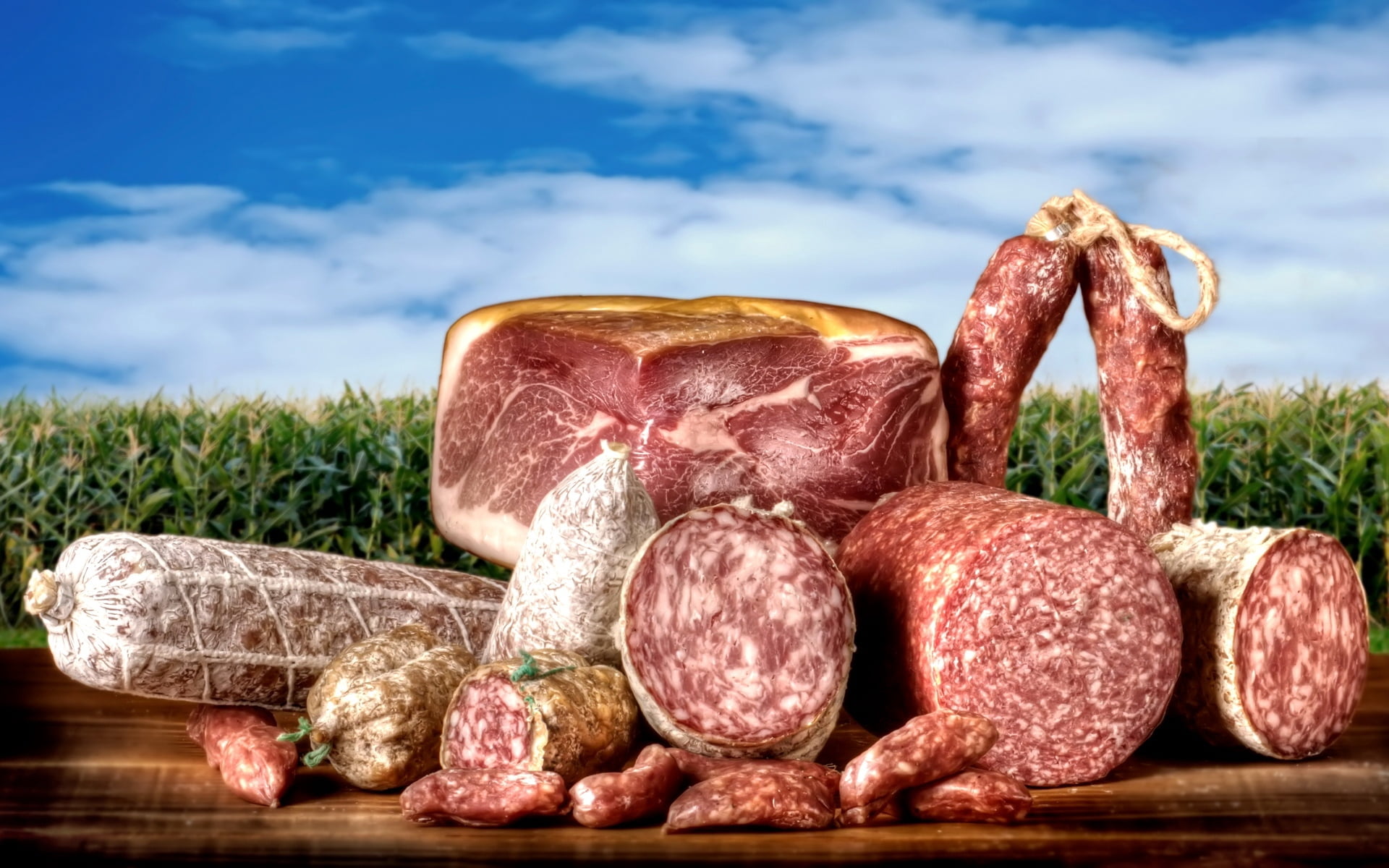 freshness, smoked, still life, 1080P, outdoors, raw, variety, no people, sausage, nature, field, focus on foreground, meats, much, table, day, food and drink, HD Wallpaper