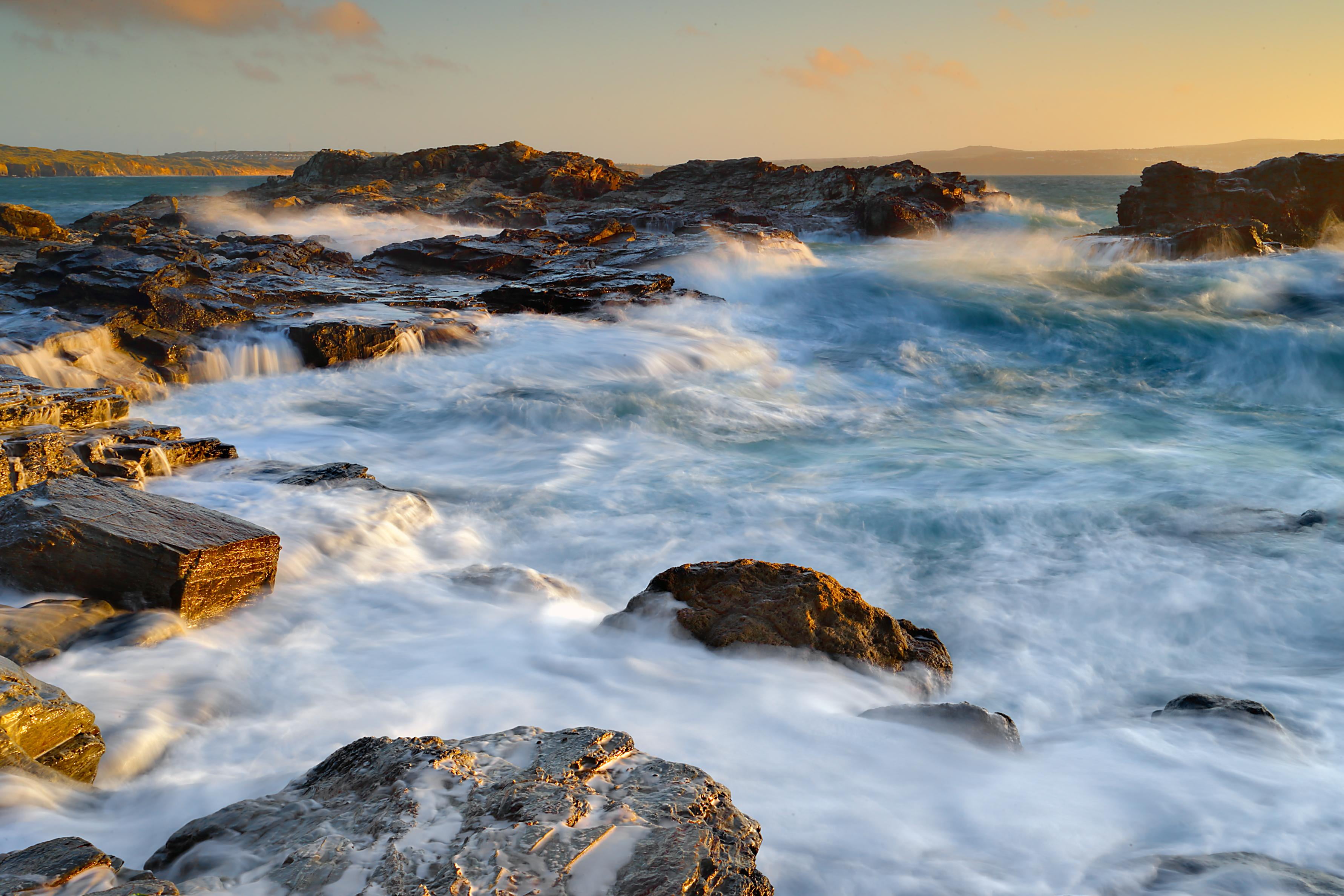 wave, sea, sky, beauty In Nature, coast, rock - Object, outdoors, shoreline, waves, water, Incoming Tide, nature, beach, shore, blue, 2K, rocks, Cornwall, HD Wallpaper