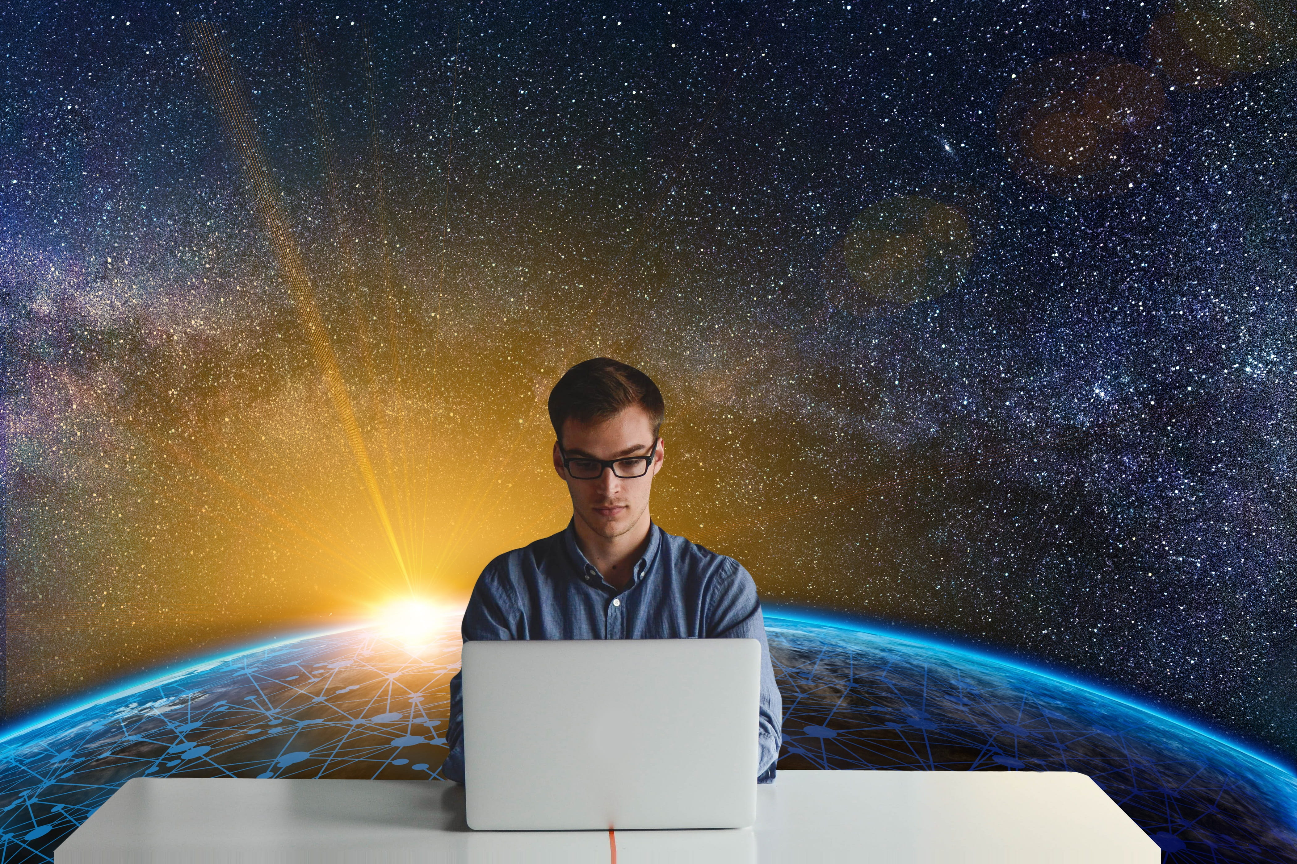 block chain, glowing, one person, astronomy, kaufmann, galaxy, sky, 4K, illuminated, digital composite, front view, young adult, technology, night, sitting, HD Wallpaper