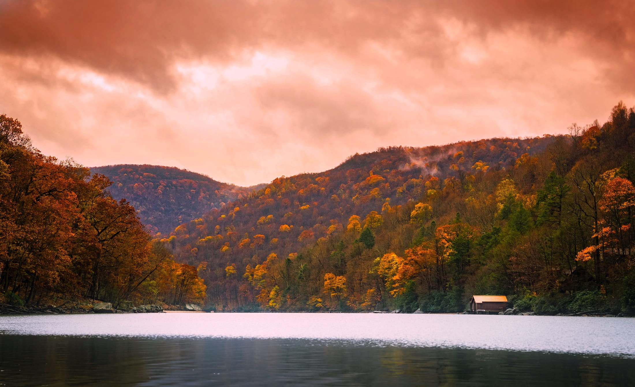 clouds, nature, west virginia, trees, mountain, dusk, green, pine woodland, rural, change, woods, mountain range, lake, no people, outdoors, scenics - nature, HD Wallpaper