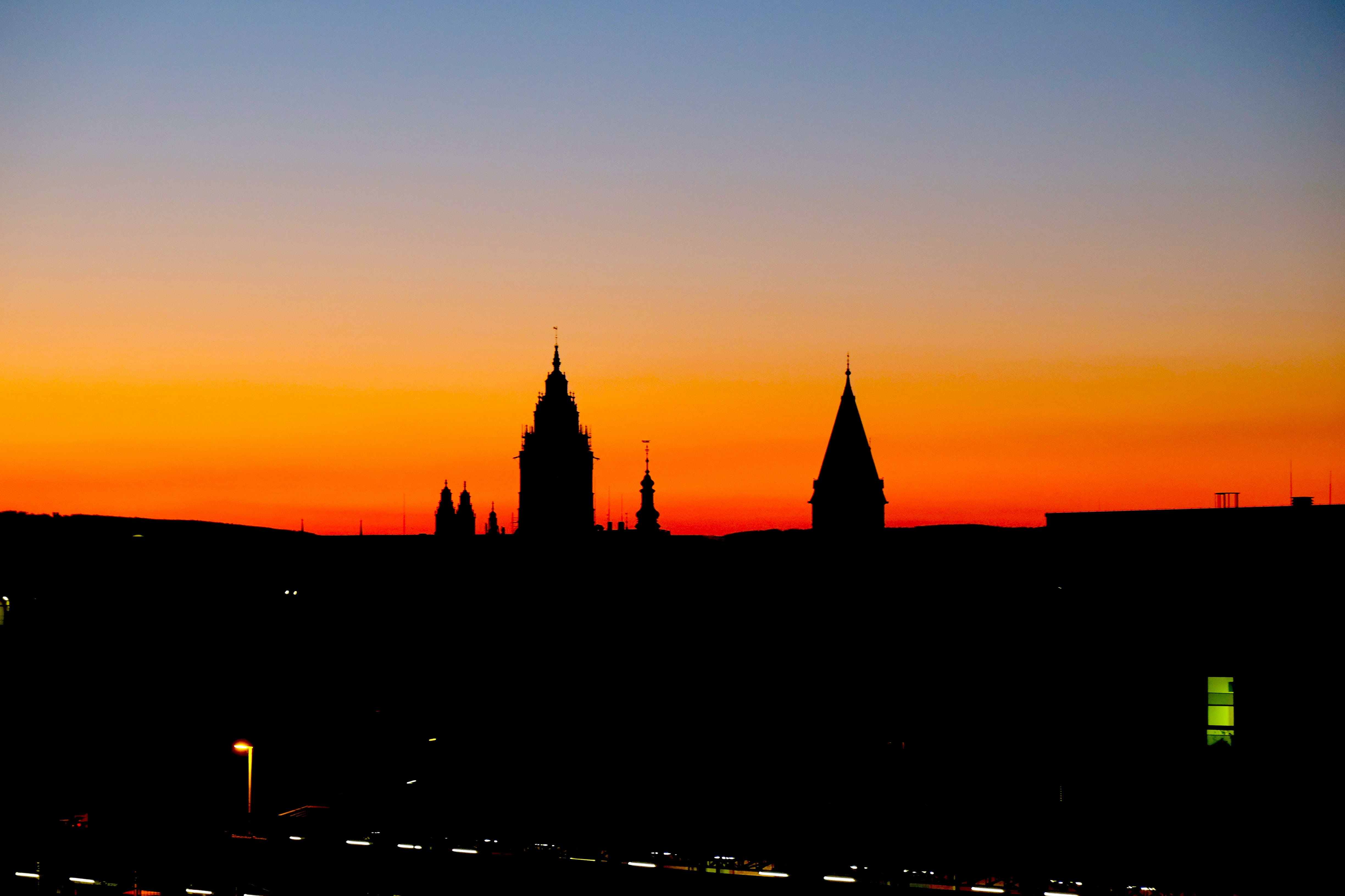 mood, 4K, nature, hour, mainz, no people, city, travel destinations, crowd puller, lights, sky, two, dom, catholic, built structure, outdoors, evening sky, HD Wallpaper
