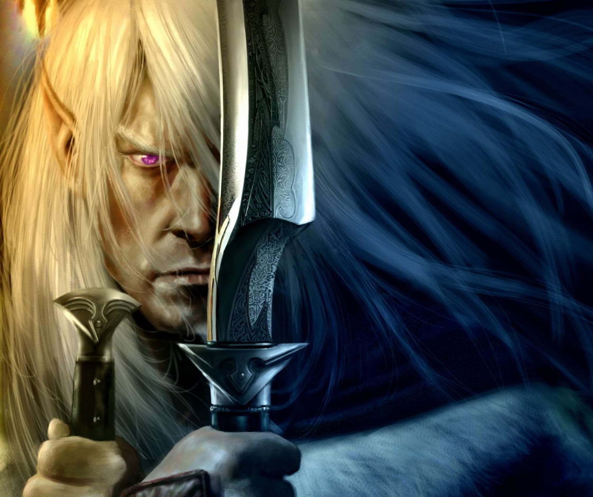 lifestyles, focus, Forgotten Realms, Robert Salvatore, elf, portrait, urden, 1080P, aggression, adult, Drizzt Dourden, hair, art, activity, human hair, HD Wallpaper