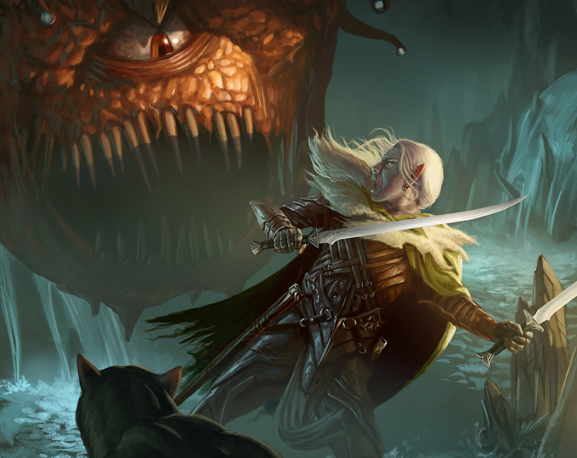 Robert Salvatore, real people, male likeness, Guenhwyvar, realms, creativity, illustration, one person, Drizzt, human representation, 1080P, swords, close-up, HD Wallpaper