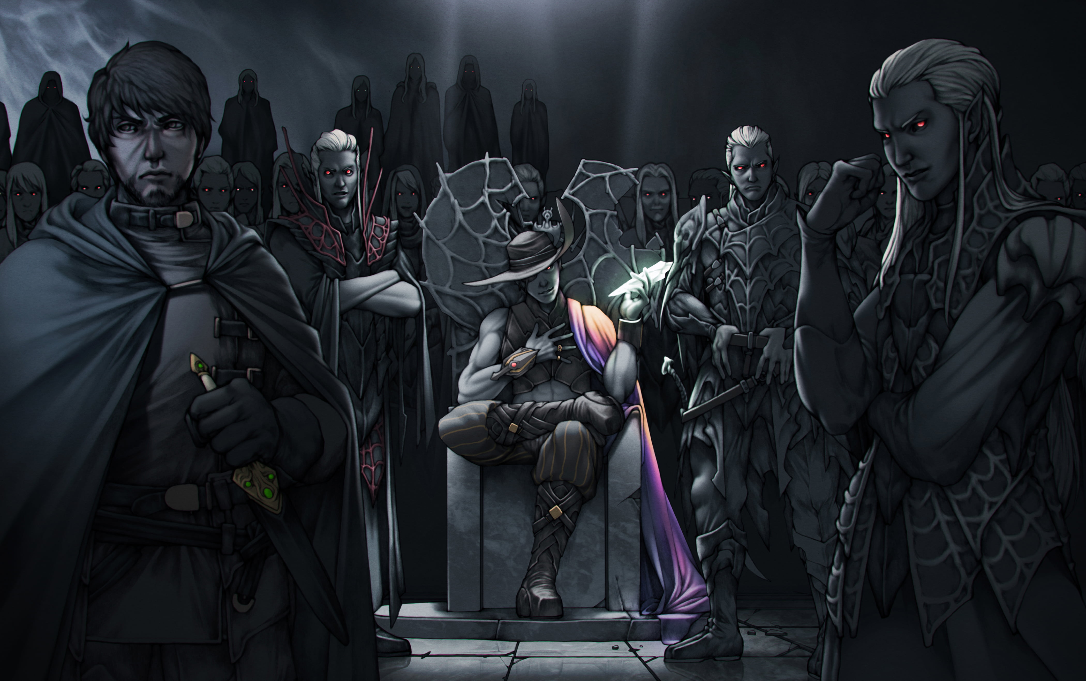 Rai-guy Bondalek, 4K, Artemis Entreri, Kimmuriel Oblodra, young men, human representation, standing, young adult, women, group, power, art, weapon, anime, HD Wallpaper