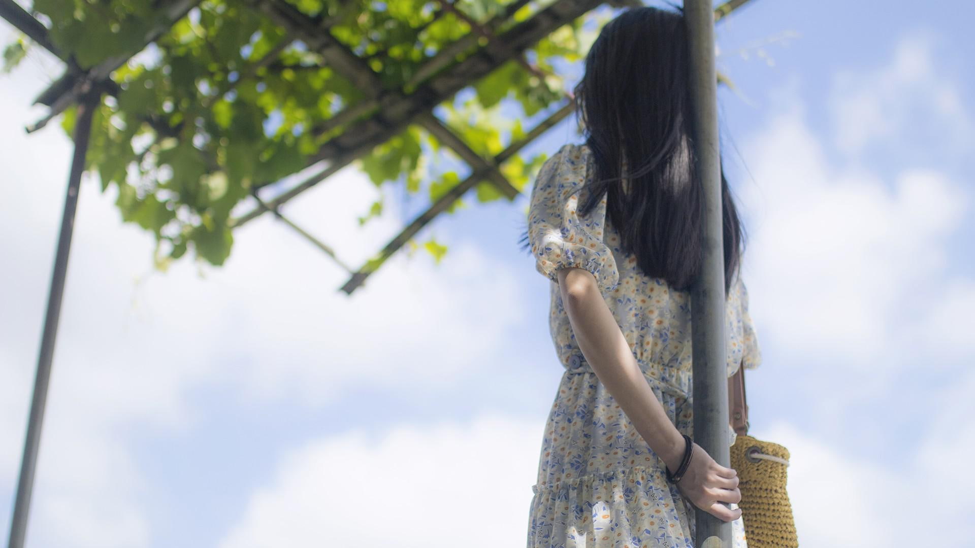 floral, sad, women, white, girl, forgotten, s, we were forgotten each other, blue, back, 1080P, dress, HD Wallpaper