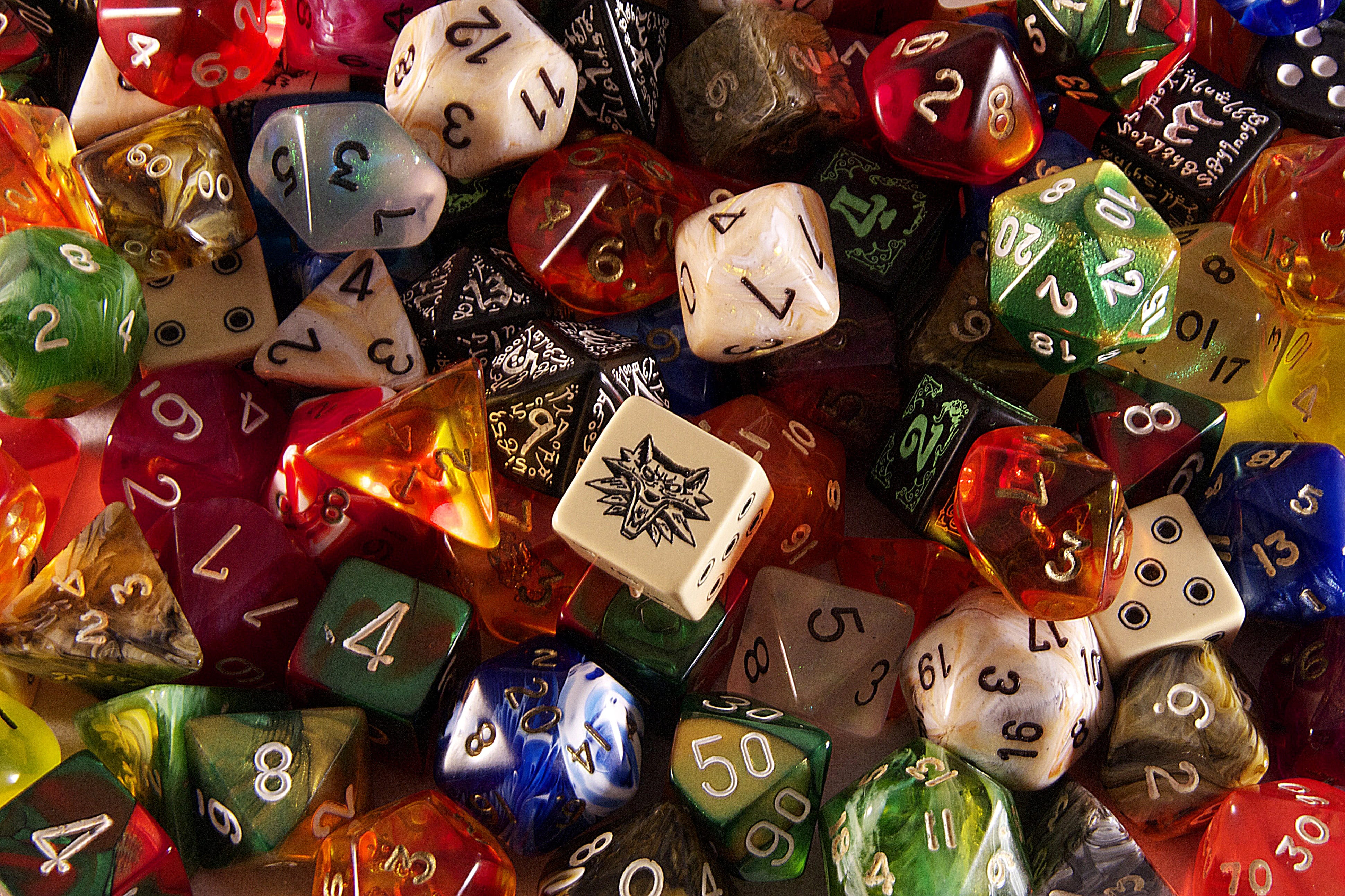 4K, celebration, indoors, backgrounds, directly above, assorted, color, role playing game, variation, choice, large group of objects, lot, dice, art and craft, HD Wallpaper