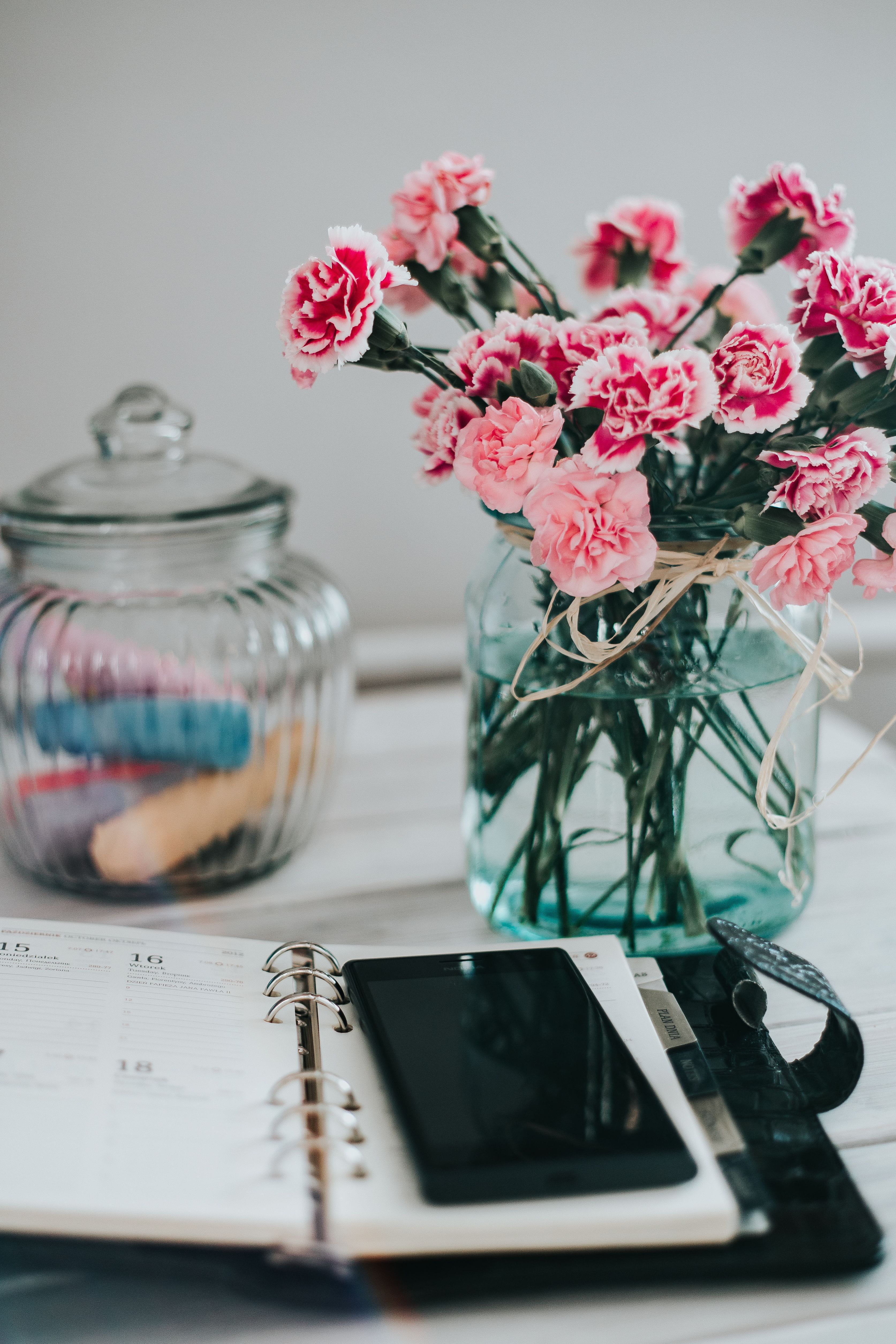 smartphone, vase, pink, desk, still life, lovely, freshness, container, communication, selective focus, flower head, flower arrangement, decoration, notebook, Phone HD Wallpaper