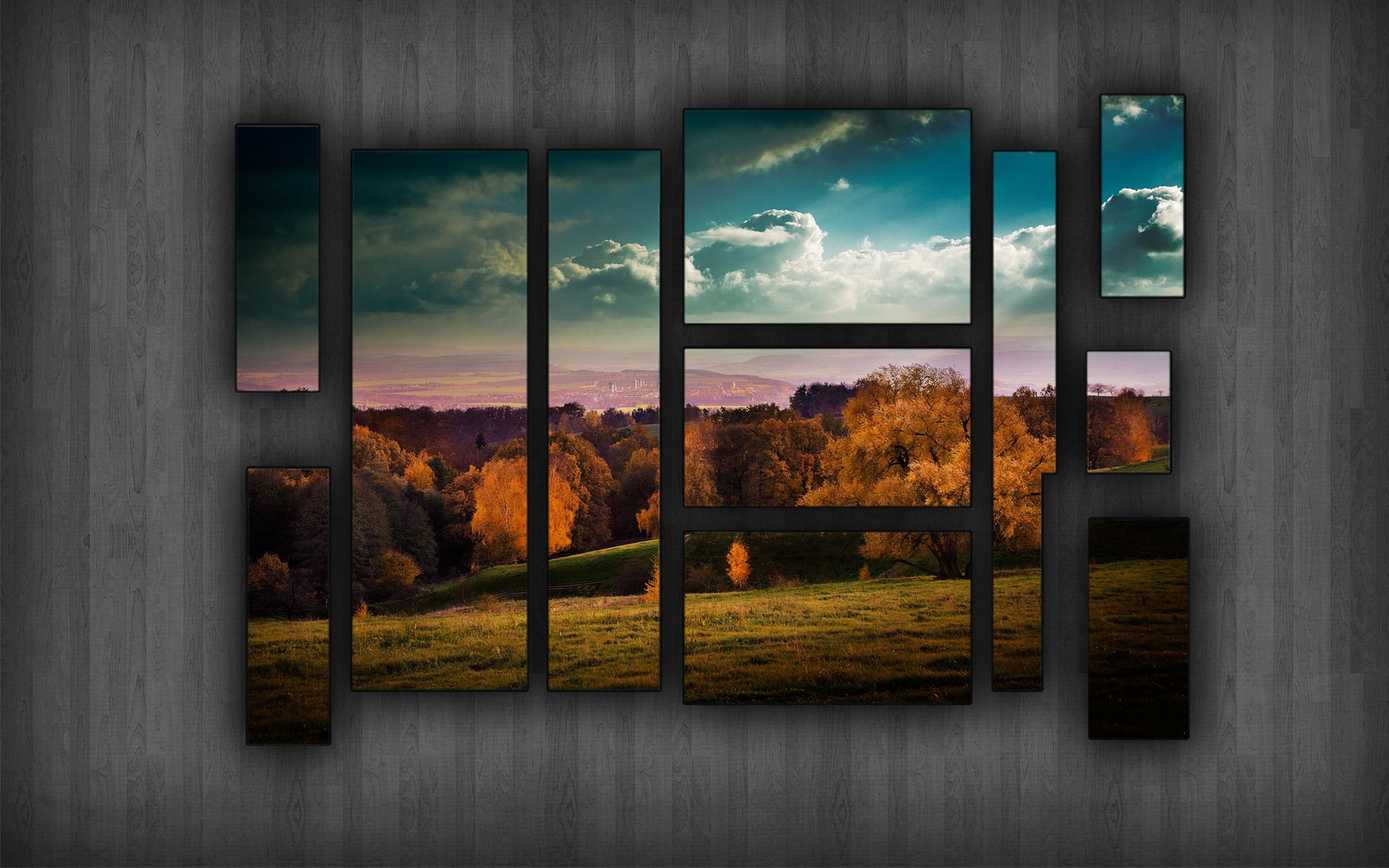3d and abstract, nature, frames, clouds, grass, organize, 2K, windows, trees, HD Wallpaper