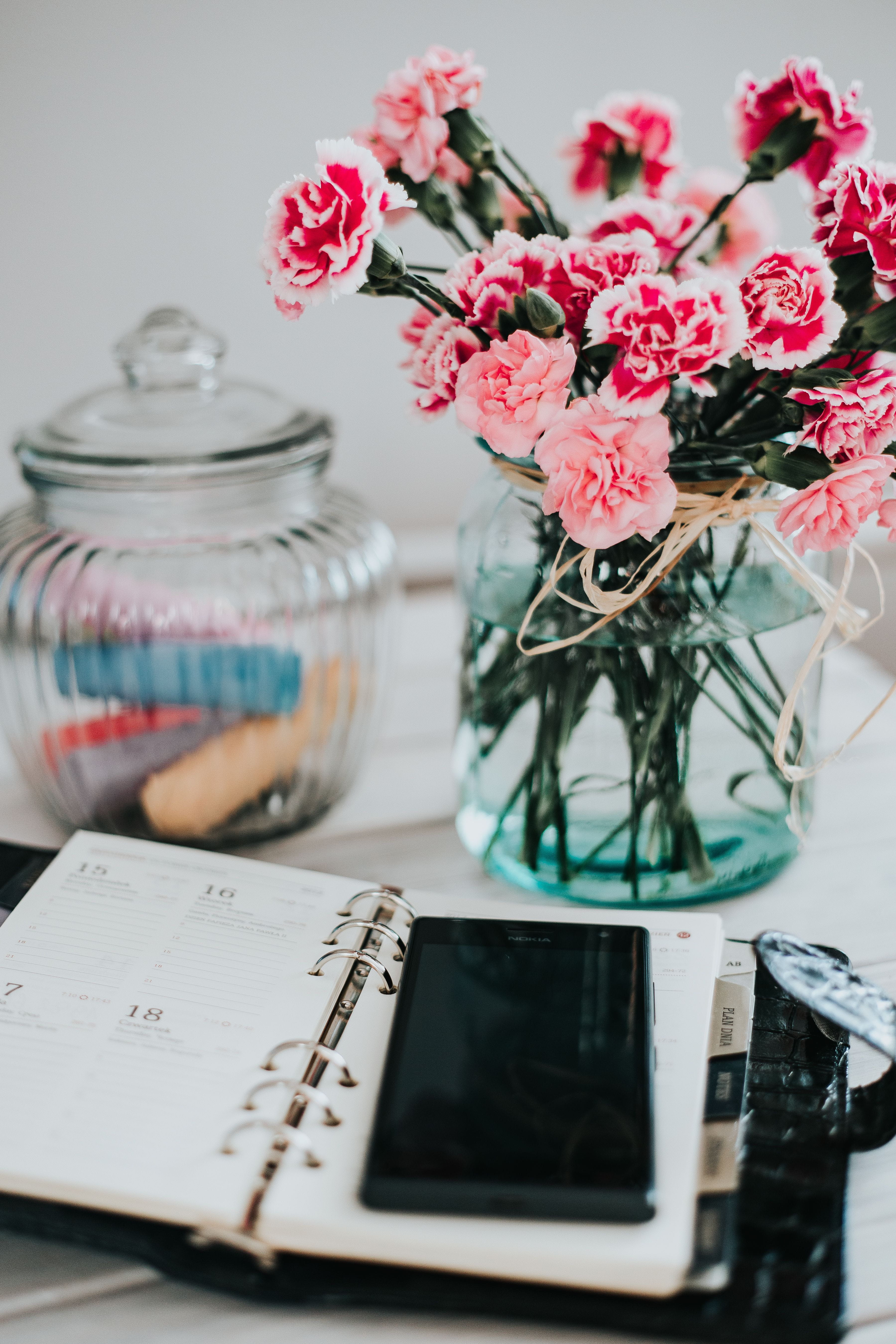 flower, book, no people, indoors, selective focus, mobile phone, flower arrangement, vase, pink, close-up, flower head, freshness, plant, lovely, flowers, Phone HD Wallpaper