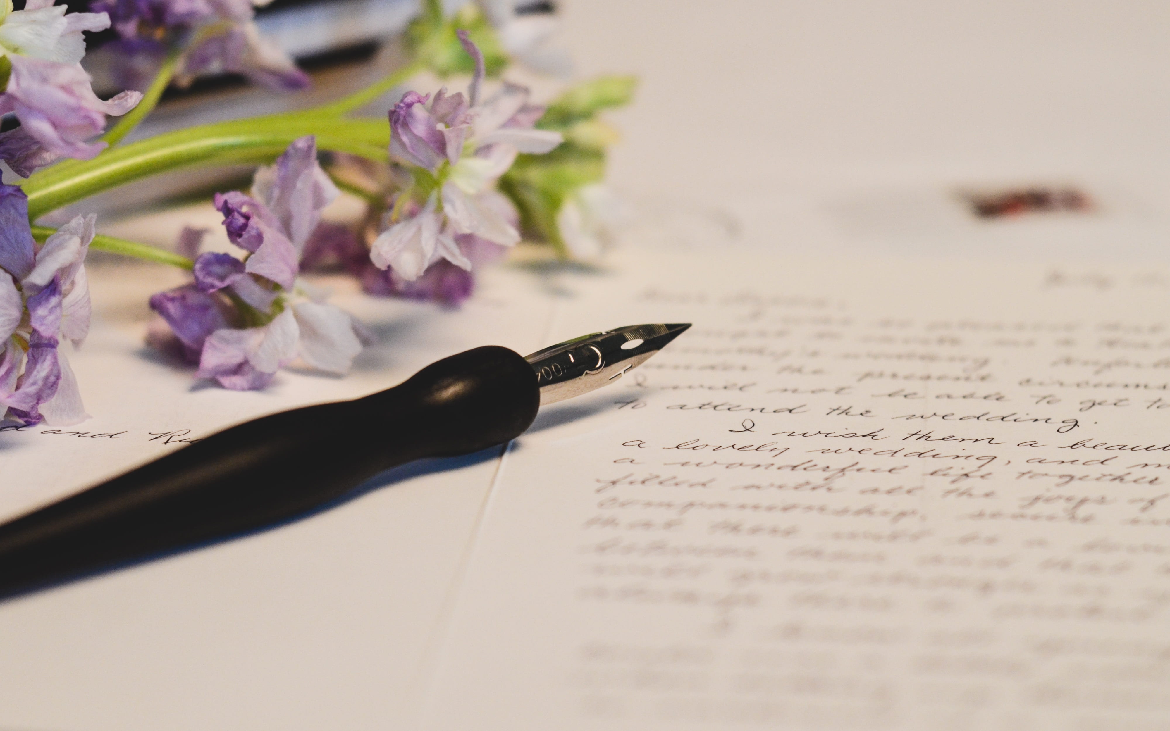 pen, bouquet, writing, flower head, plant, purple, beauty in nature, freshness, vintage, card, fragility, design, selective focus, handwriting, no people, HD Wallpaper