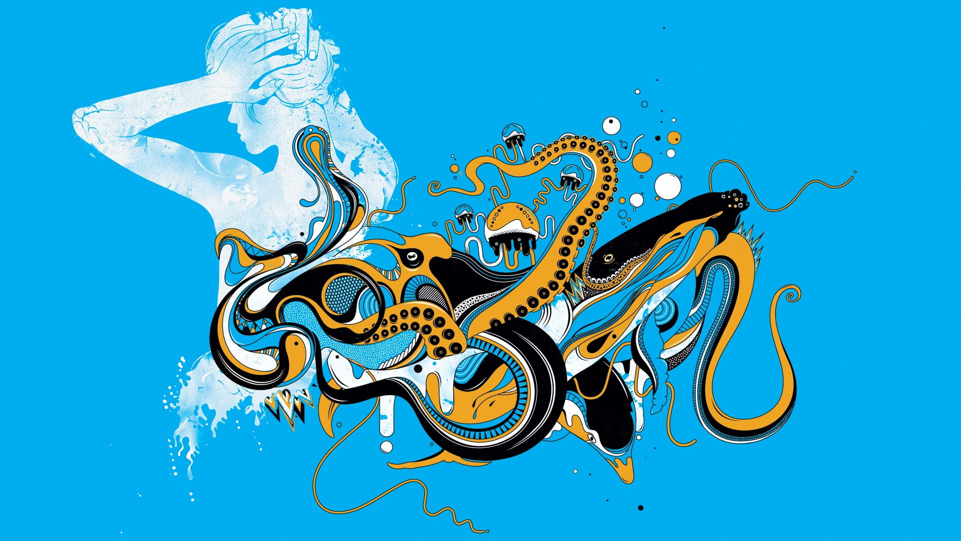 nature, sky, multi colored, women, no people, dragon, water, colored background, craft, 1080P, blue background, surreal, octopus, animal themes, sea, animal, HD Wallpaper