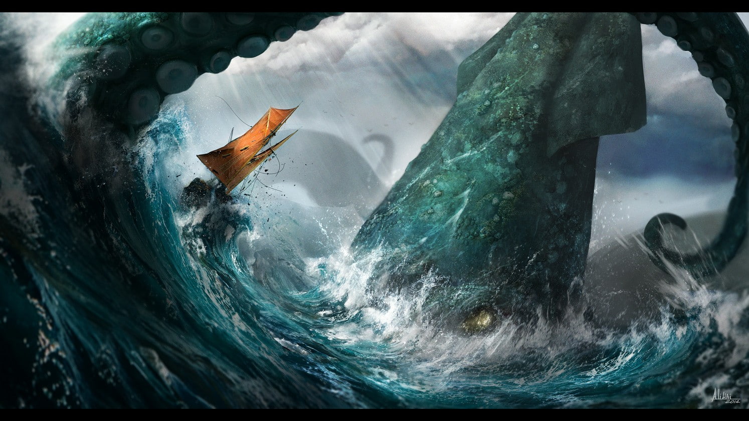 sailing ship, 720P, squids, sea, waves, HD Wallpaper