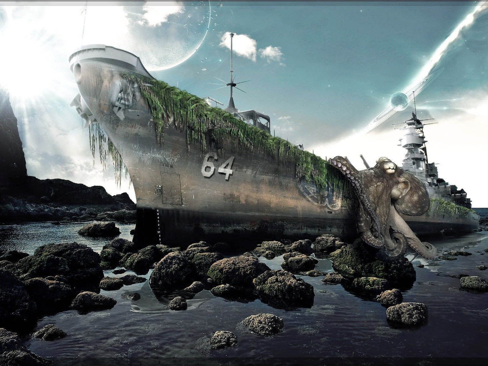 octopus, fantasy art, sky, USS Wisconsin (BB-64), shipwreck, deterioration, abandoned, damaged, run-down, outdoors, digital, bad condition, rock, day, water, HD Wallpaper