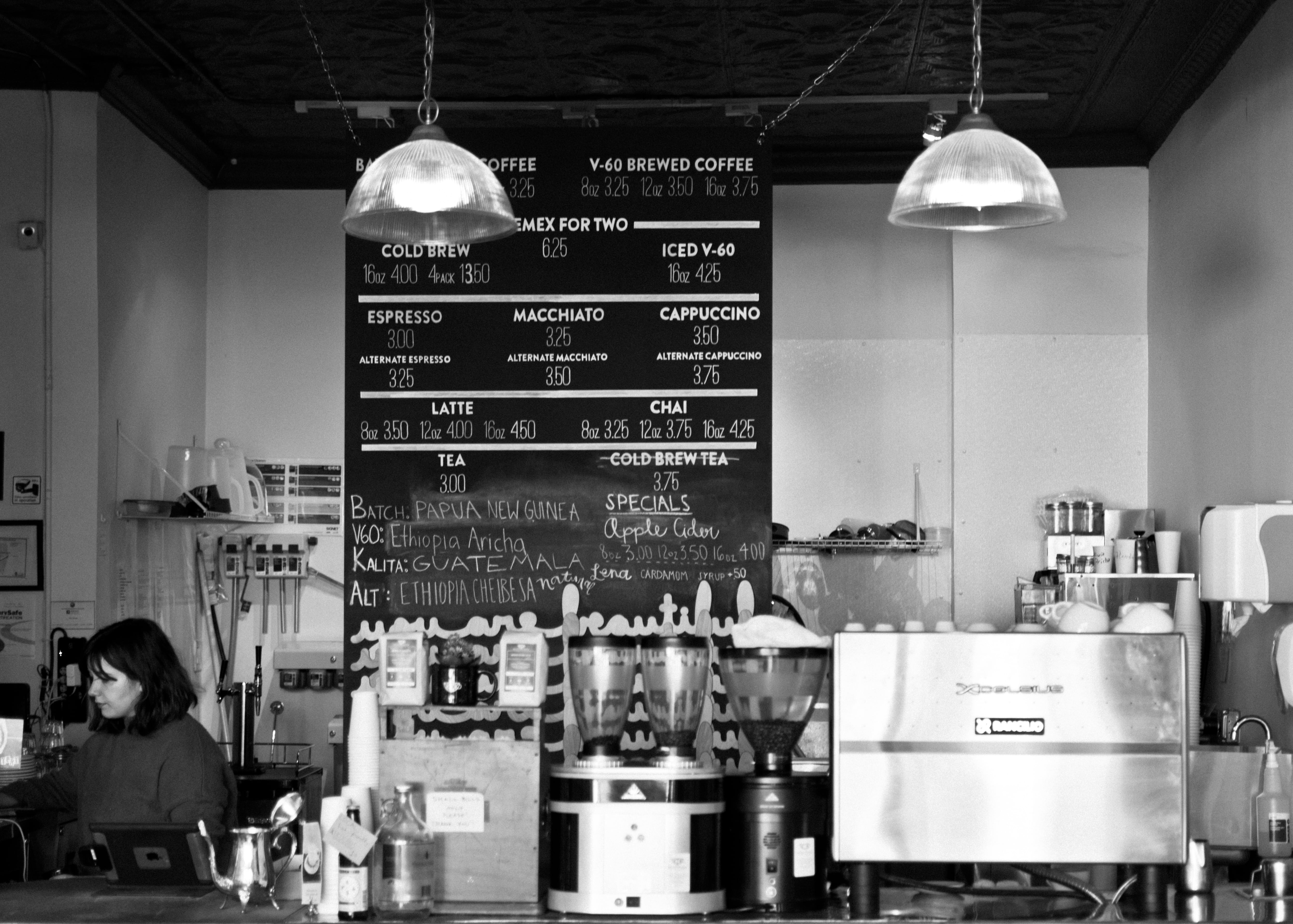 working, service, employee, shops, bar counter, establishments, customer, sitting, business, food, text, gray, scale, electric lamp, food and drink industry, HD Wallpaper