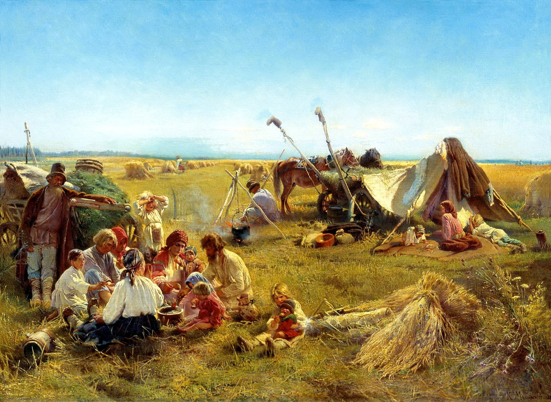 sheaves, cart, real people, food, 1080P, environment, brown, sky, grass, day, painting, field, children, ethiopia, agriculture, plant, people, picture, HD Wallpaper
