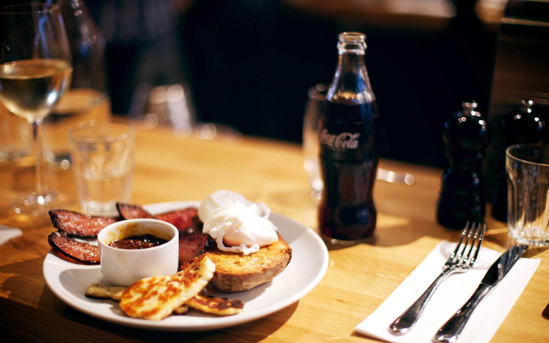dater, pictures, cola, 1080P, background, bacon, set, food, breakfast, dinner, HD Wallpaper