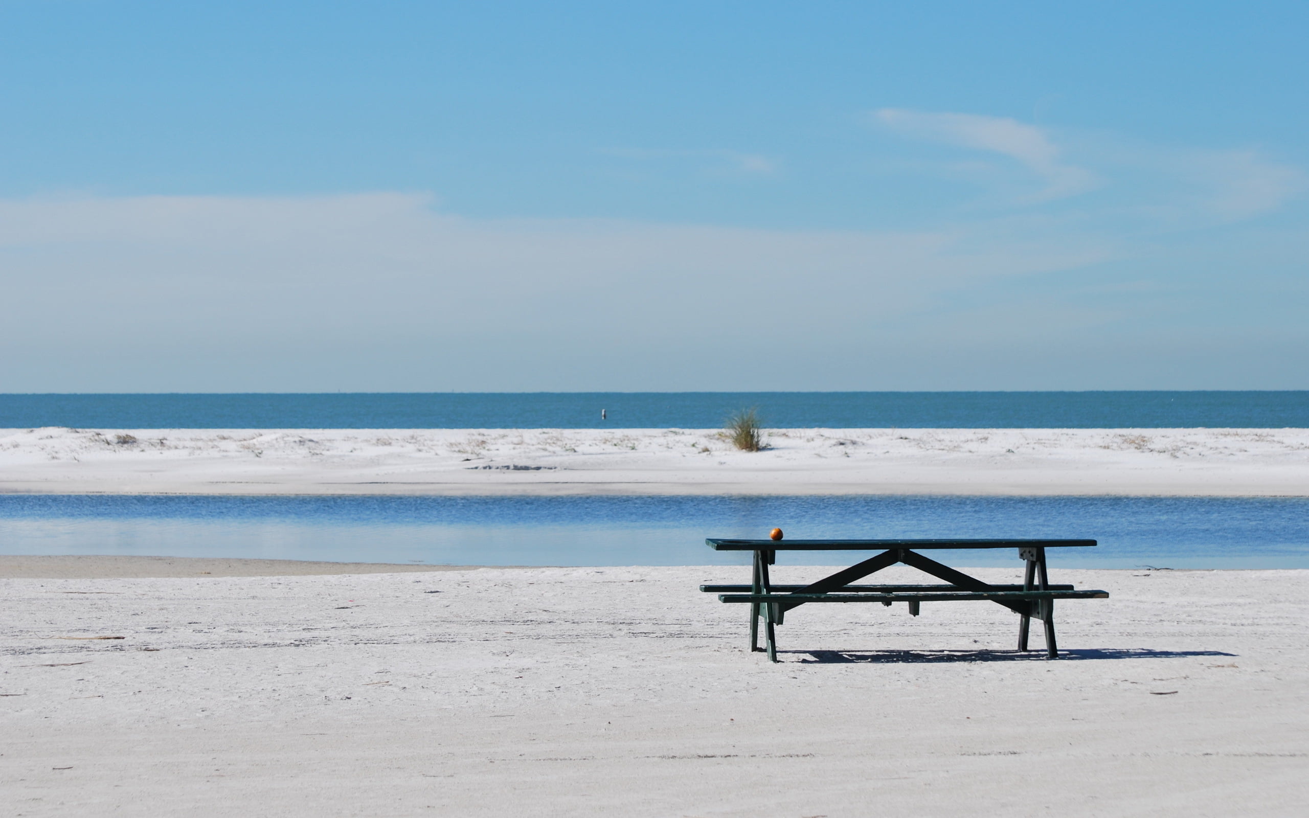 blue, table, sea, tranquil scene, sky, beach, day, landscape, water, nature, 2K, absence, no people, horizon over water, tranquility, wooden, outdoors, HD Wallpaper