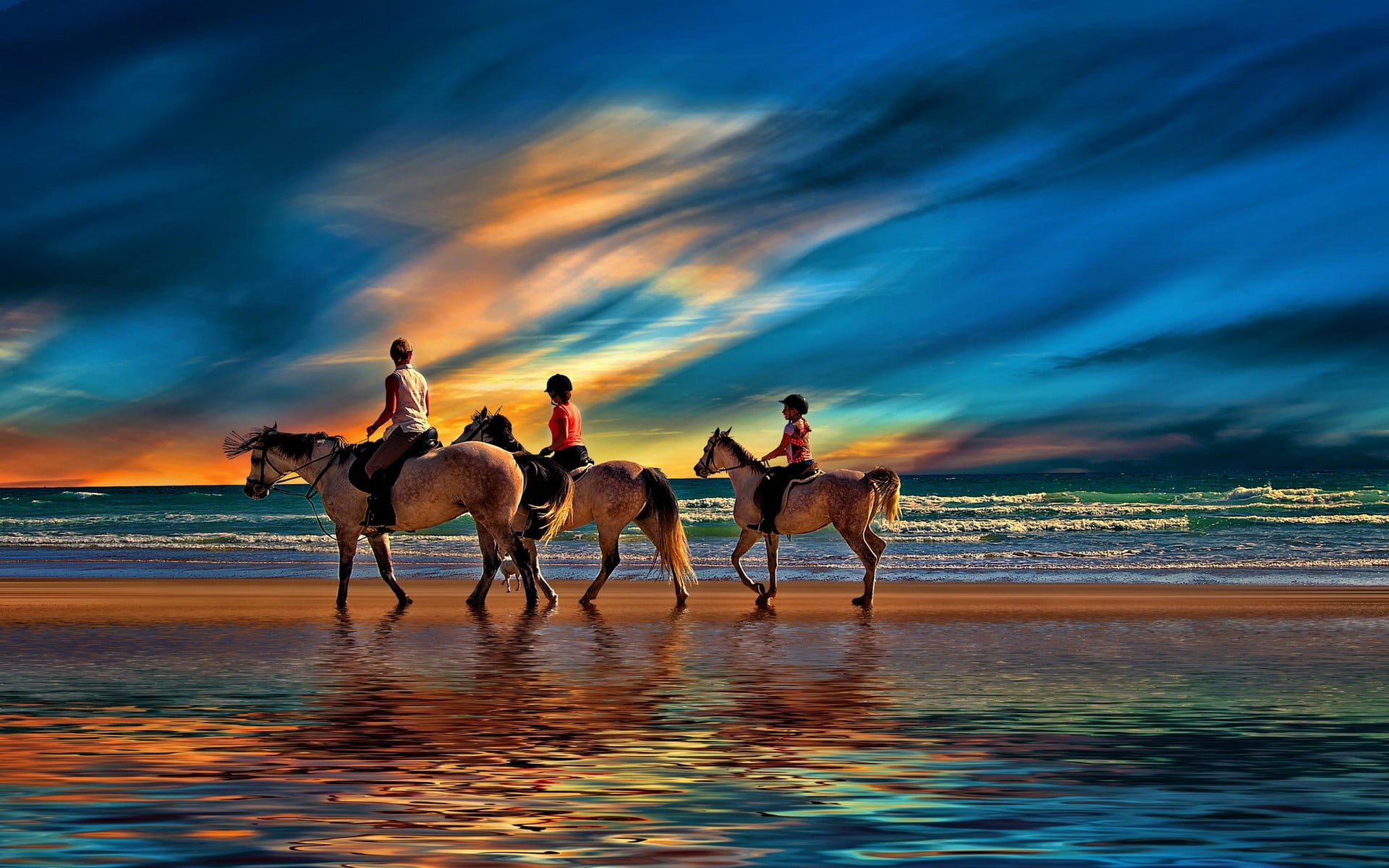 sand, domestic animals, group of animals, riding, 1080P, sunset, beauty in nature, water, land, cloud - sky, animal wildlife, motion, sky, beach, animal, HD Wallpaper