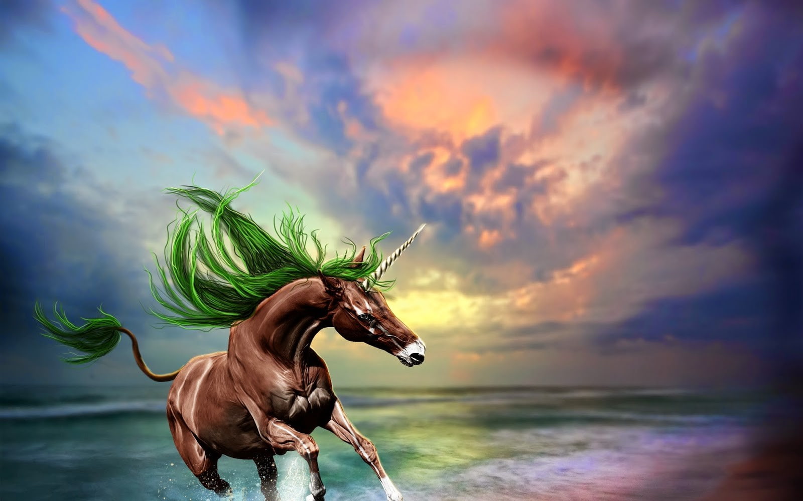 green, beach, brown, sea, illustration, horse, unicorn, unicorns, 720P, fantasy, HD Wallpaper