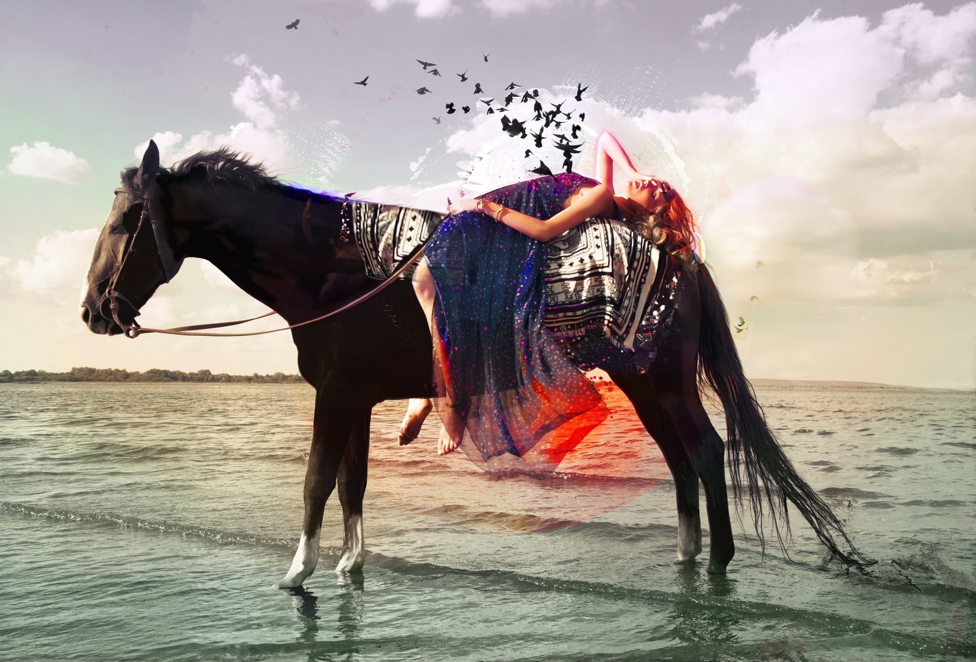 sea, horse, birds, digital, 1080P, digital art, art, 2000x1356, women, model, beach, HD Wallpaper