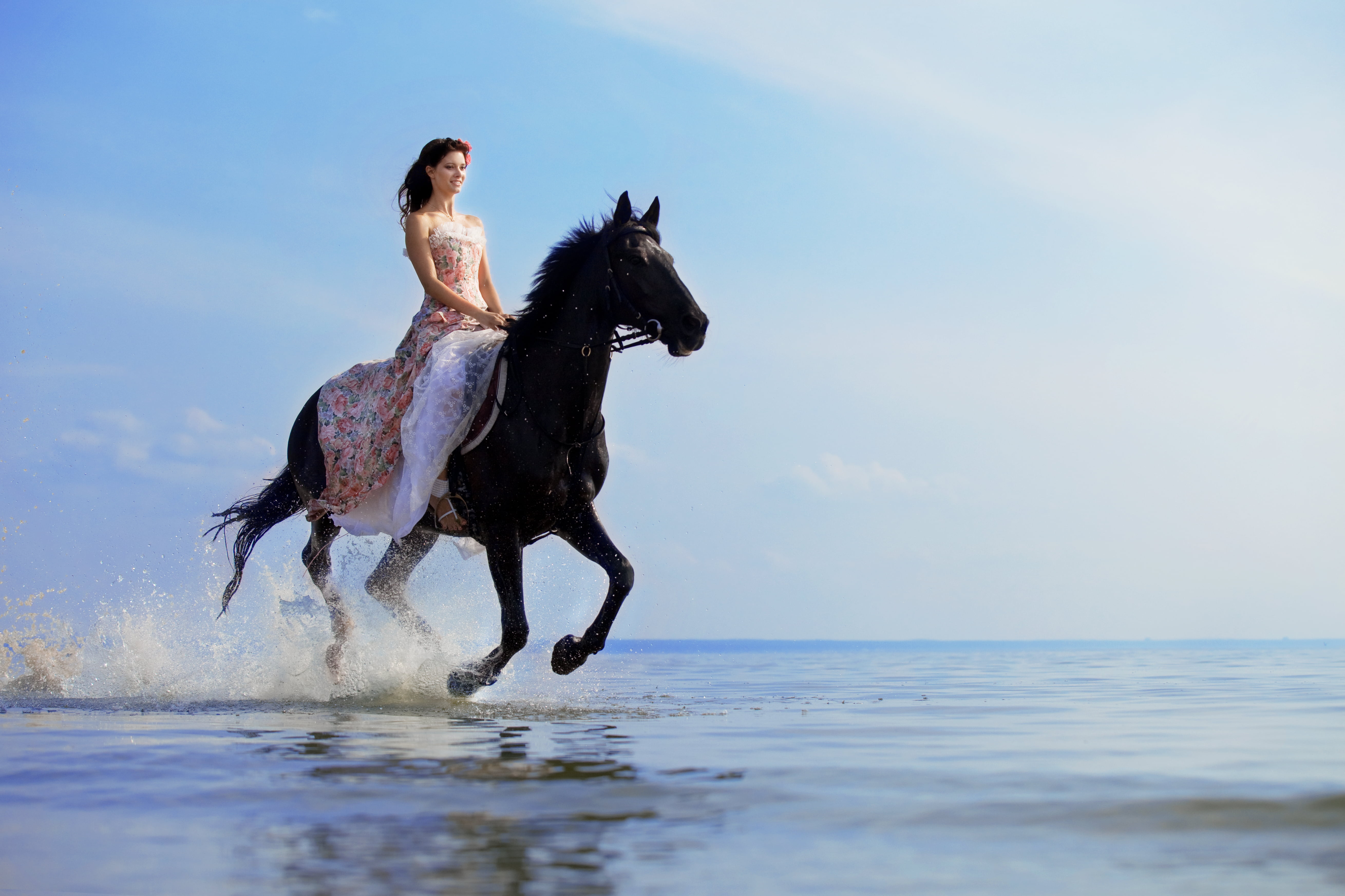 freedom, black, dog, horseback Riding, running, summer, sea, females, people, lifestyles, domestic, women, animal, land, beauty In Nature, outdoors, 5K, HD Wallpaper