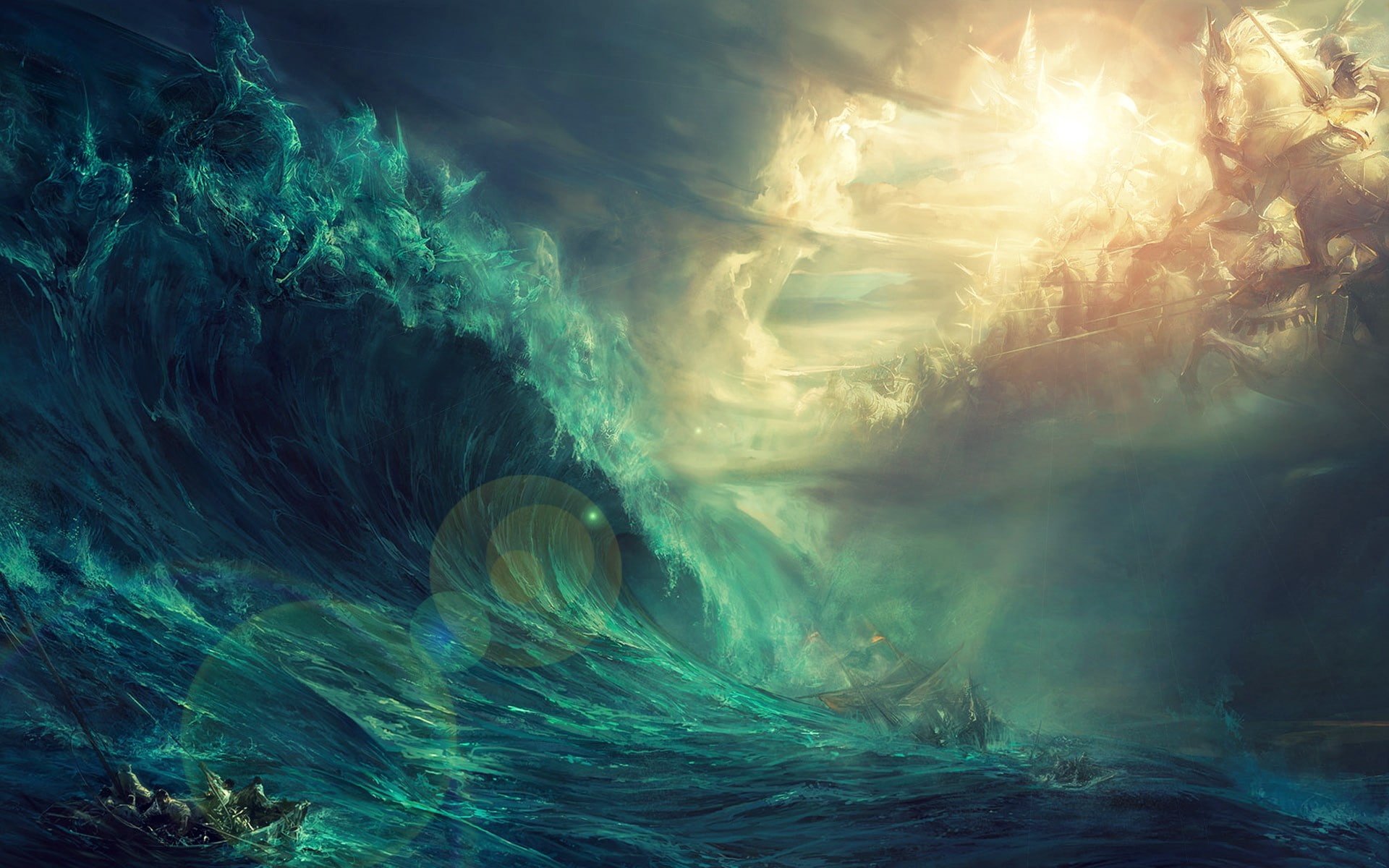 lens flare, horse, sea, waves, boat, digital art, storm, painting, clouds, artwork, sunlight, fantasy art, 1080P, sky, HD Wallpaper