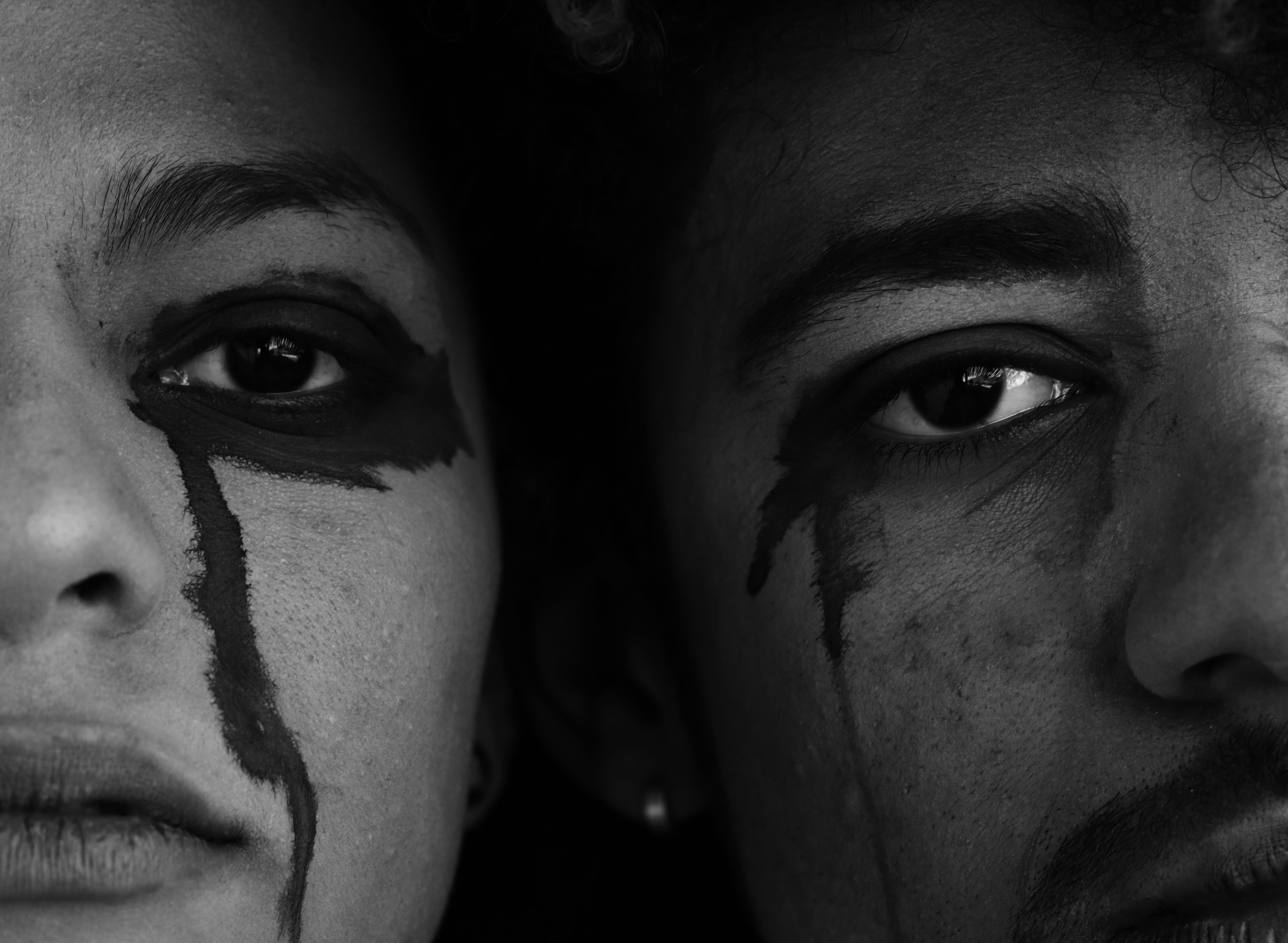 models, young men, face paint, faces, young, pose, looking, emotion, female, lady, guy, woman, headshot, front view, human face, grayscale, real people, HD Wallpaper
