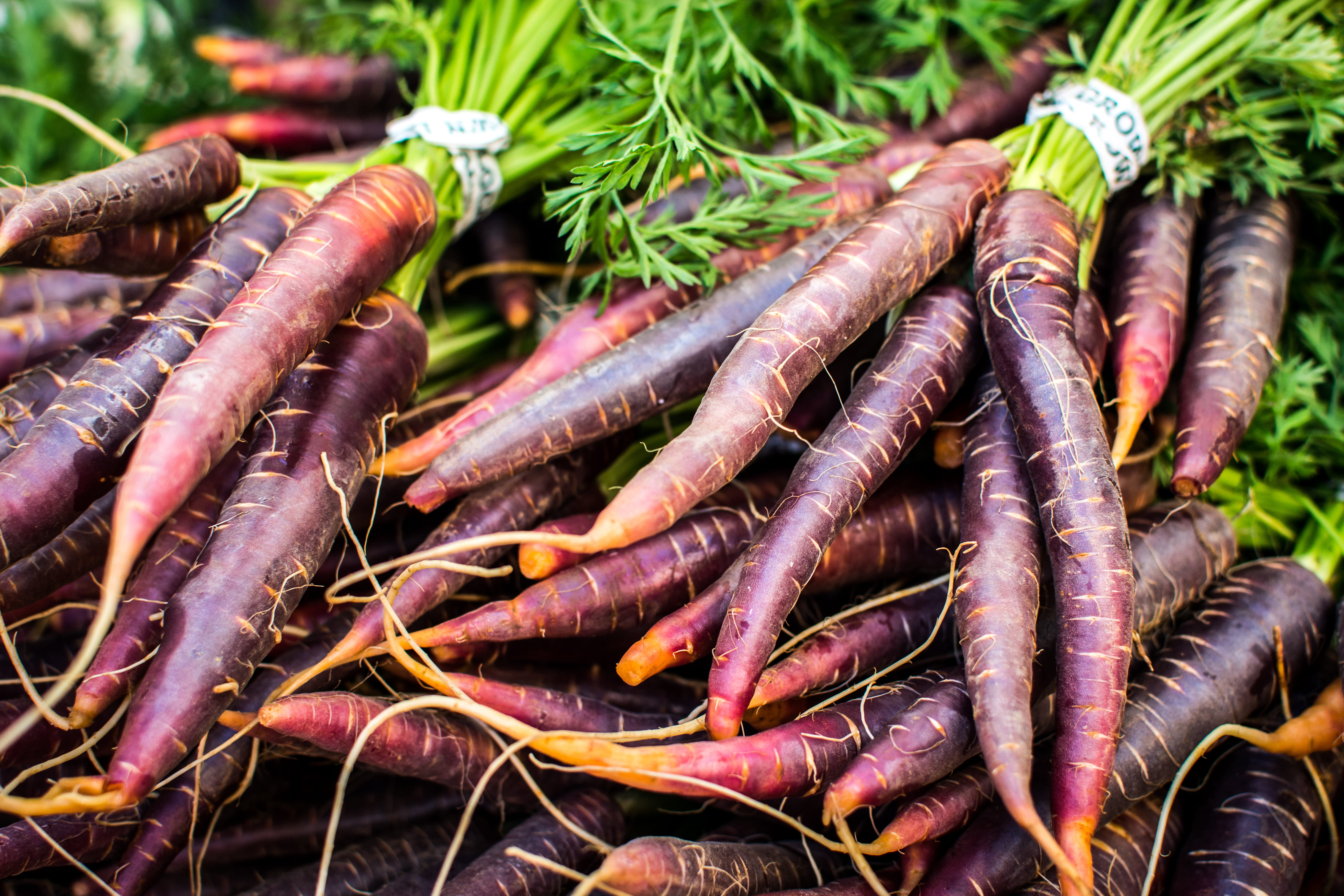 organic, close-up, colorful, carrots, 5K, root vegetable, large group of objects, purple, farmers, food, freshness, market, green color, vegetable, full frame, HD Wallpaper
