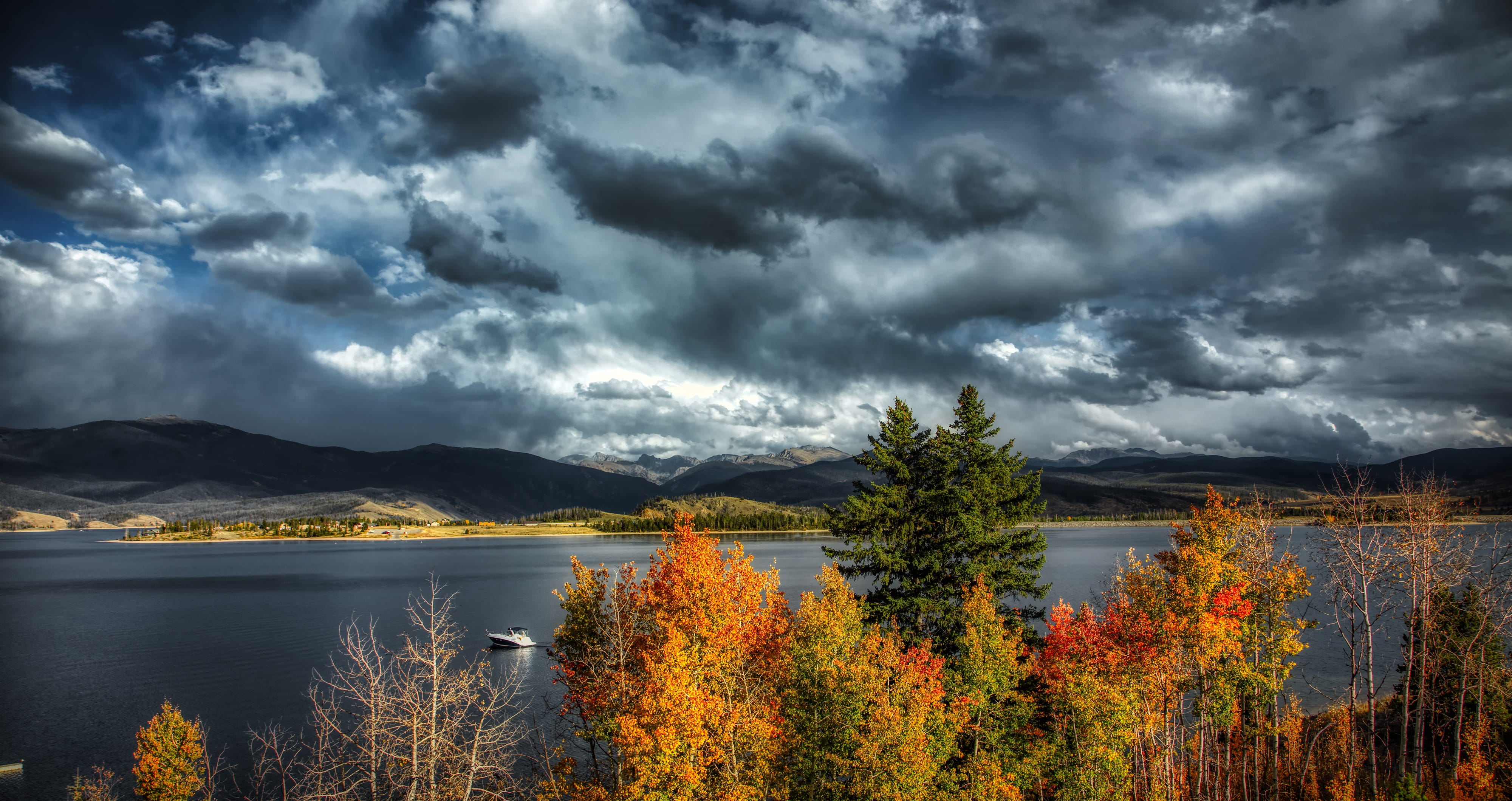environment, landscape, tranquil scene, water, rural, fall, mountain, mountains, hdr, ominous, overcast, tree, clouds, change, beauty in nature, boat, trees, HD Wallpaper