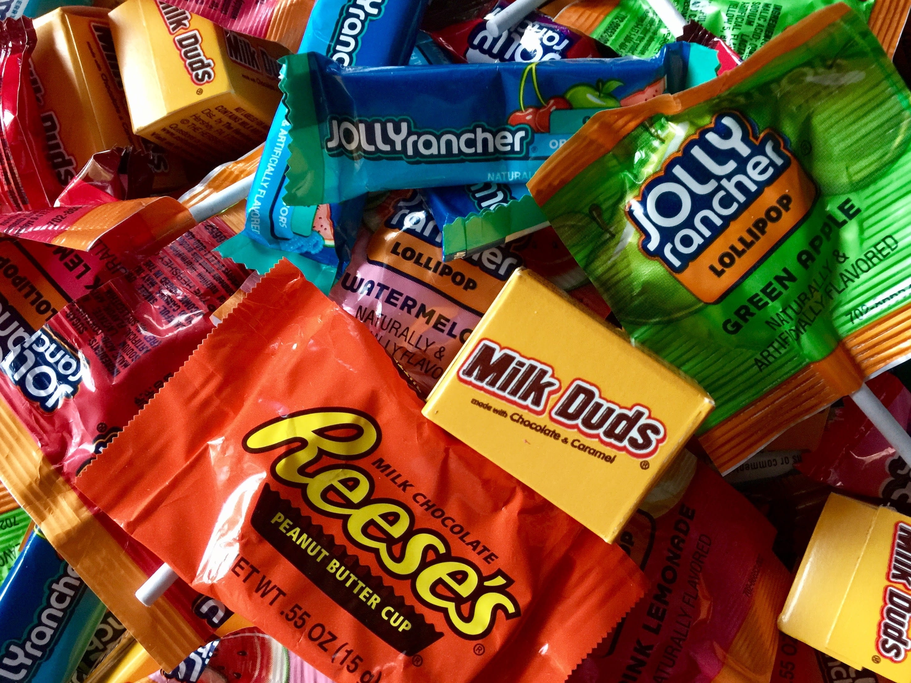 Candy, packs, still life, colorful, assorted, large group of objects, full frame, abundance, 2K, text, Halloween, jolly rancher, milk duds, Sweets, day, HD Wallpaper
