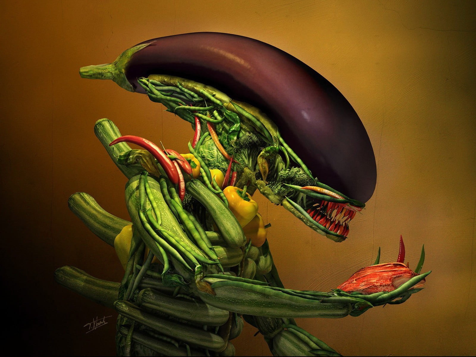 digital art, Xenomorph, red chili pepper, vegetarian food, no people, variation, aliens, Pepper, black background, simple background, multi colored, indoors, HD Wallpaper