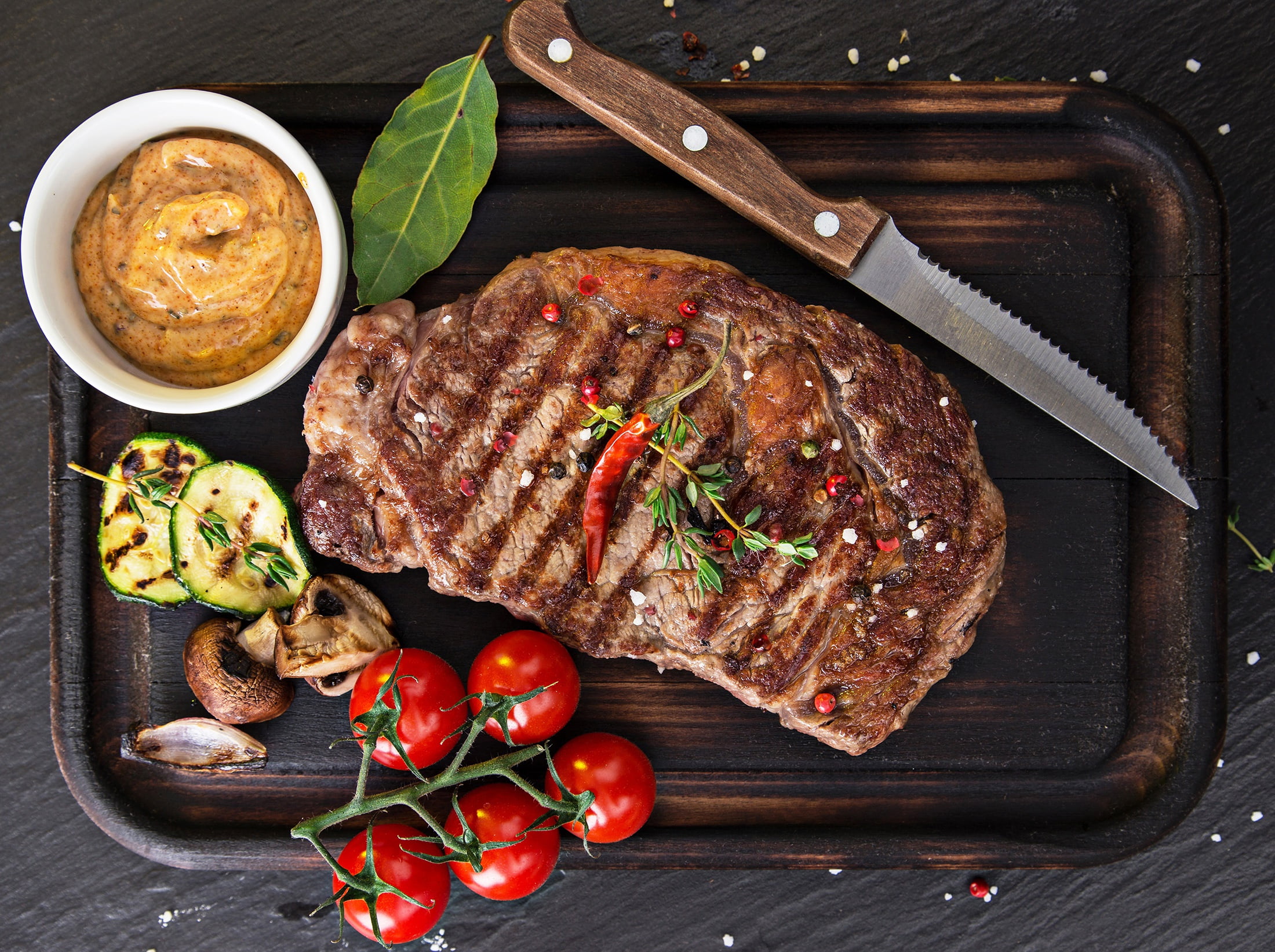 Pepper, chilli peppers, muscles, animals, zucchini, steak, mushroom, cow, food, cutting board, tomatoes, meat, 1080P, knife, mustard, flesh, herb, salt, HD Wallpaper