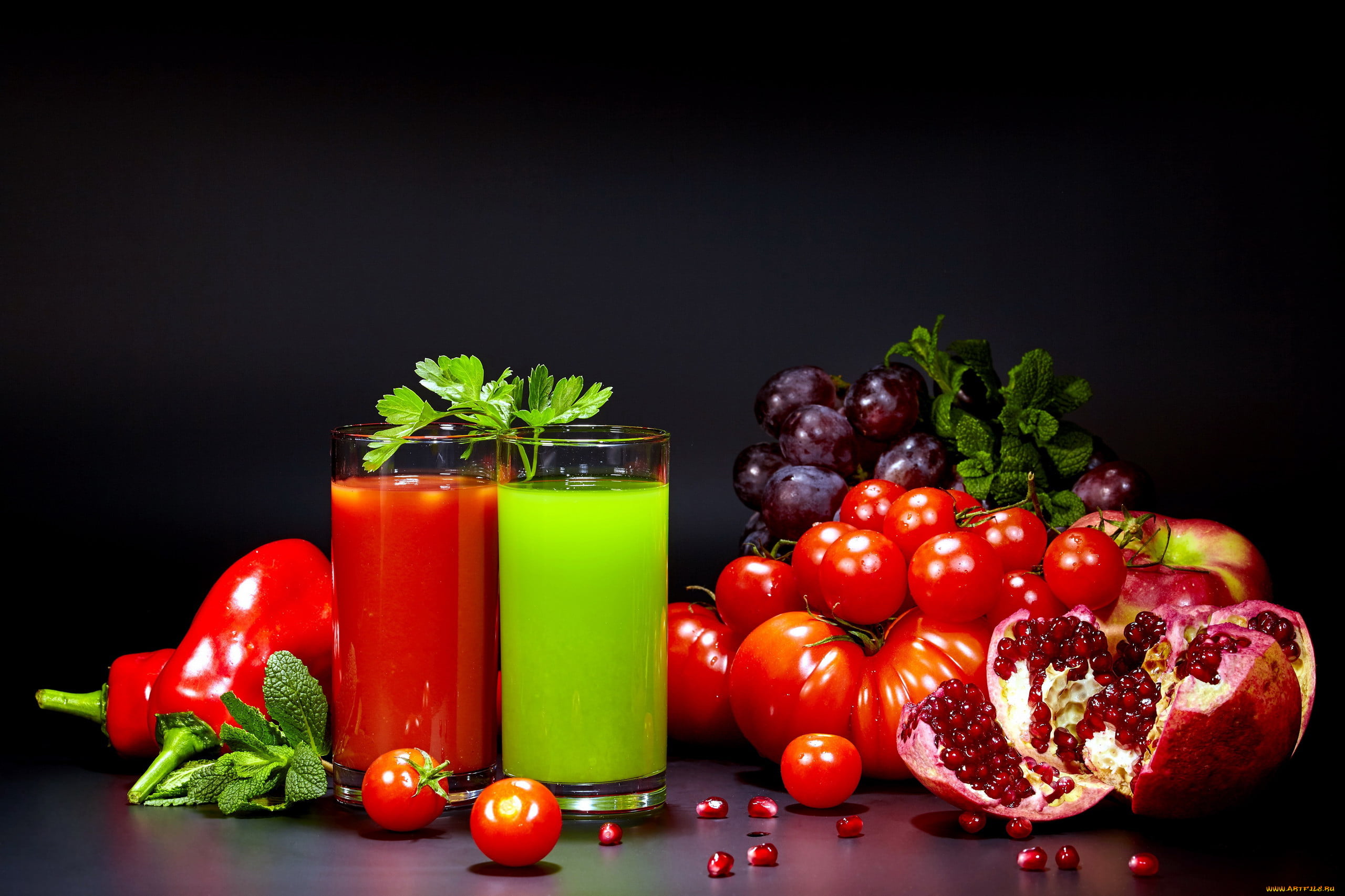 2K, glass, vegetables, mint leaves, cilantro, pomegranate, simple background, food, red pepper, tomatoes, grapes, HD Wallpaper