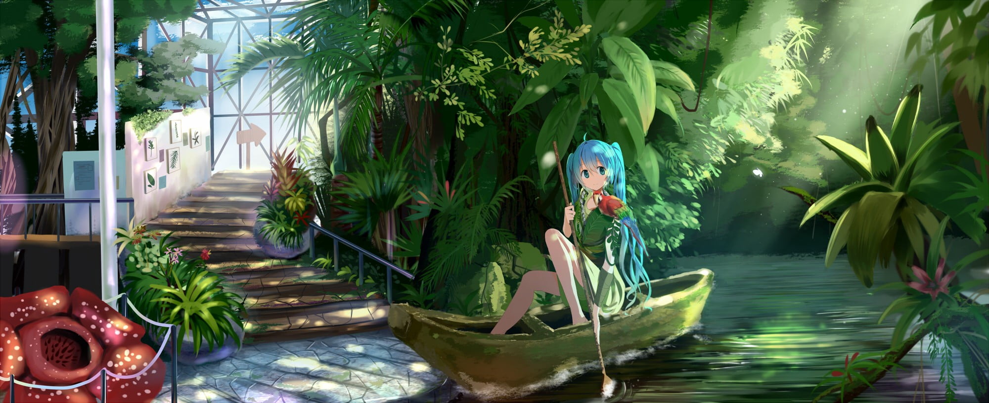 nature, plants, looking at camera, tree, anime, one person, beautiful woman, trees, outdoors, day, water, full length, leisure activity, parakeets, long hair, HD Wallpaper