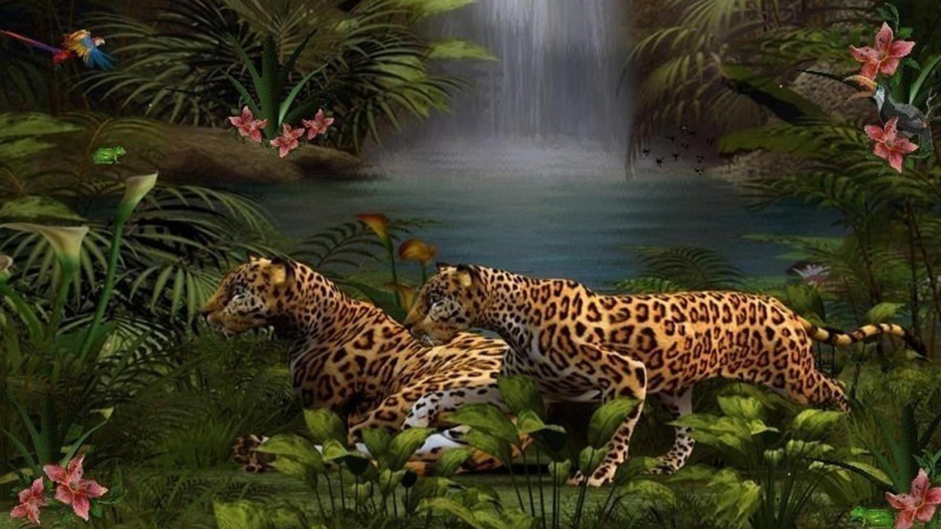 tiger, plants, lion, dangerous, cubs, beauty, waterfall, big cats, nature, jungle, wildlife, grass, 1080P, rainforest, HD Wallpaper