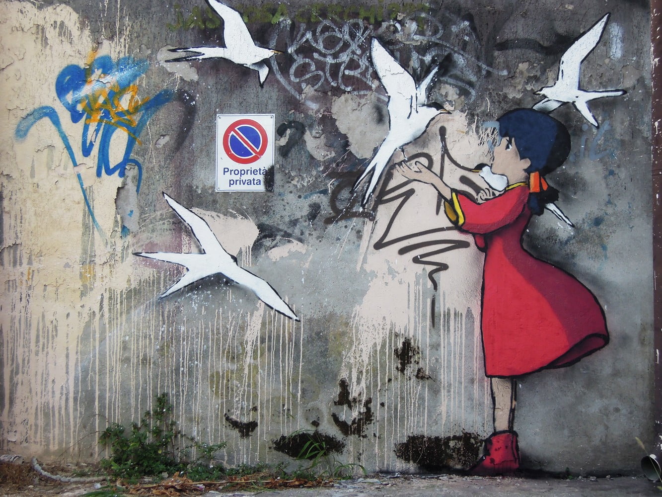 graffiti, 720P, red, symbol, old, human representation, front, woman, standing, backgrounds, Kenny Random, mural, women, wall, anime girls, creativity, HD Wallpaper