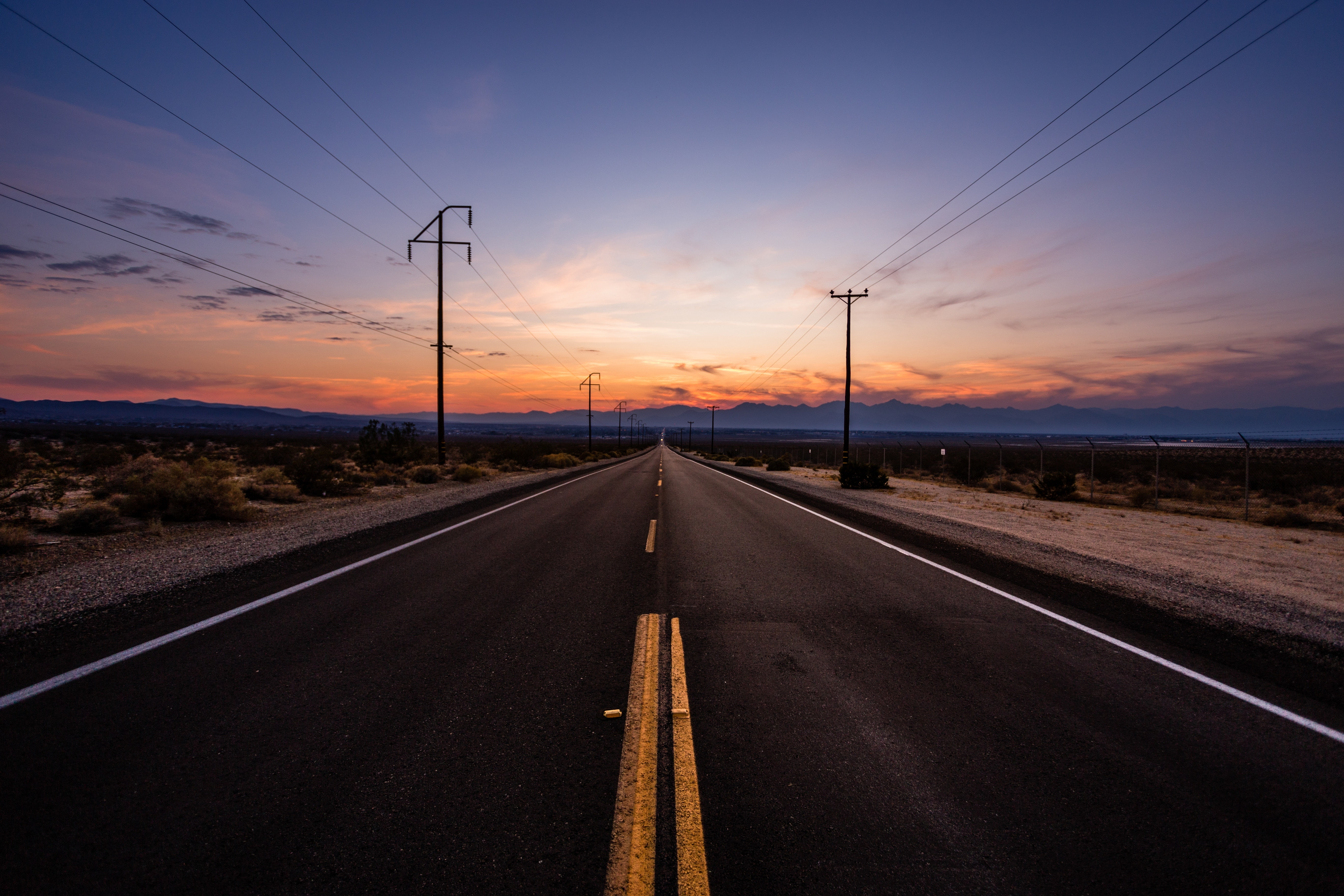 cable, technology, transportation, telephone line, desert, mood, road, direction, electricity, long road, sunset, marking, diminishing perspective, outdoors, HD Wallpaper
