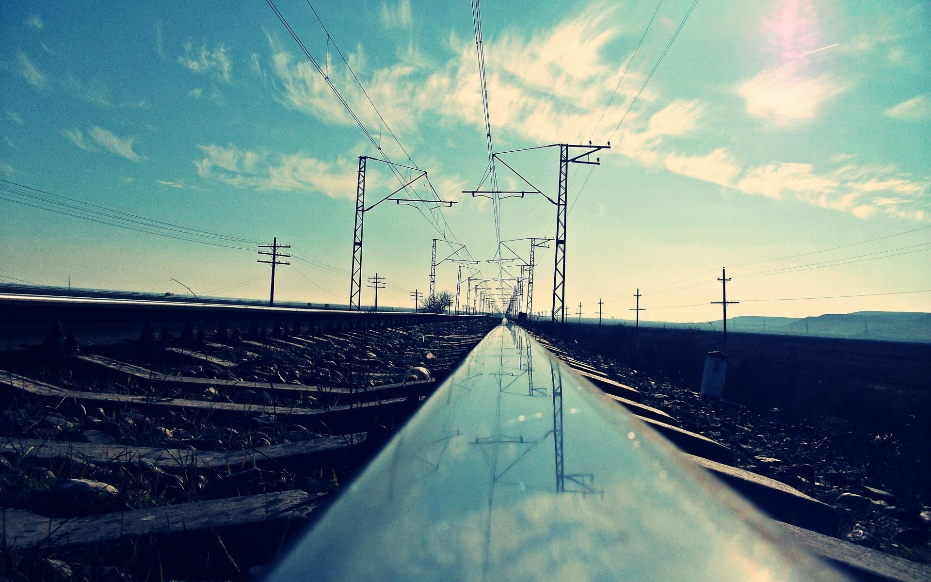 outdoors, vanishing point, electricity pylon, diminishing perspective, power line, railway, technology, transportation, electricity, metal, 1080P, architecture, HD Wallpaper