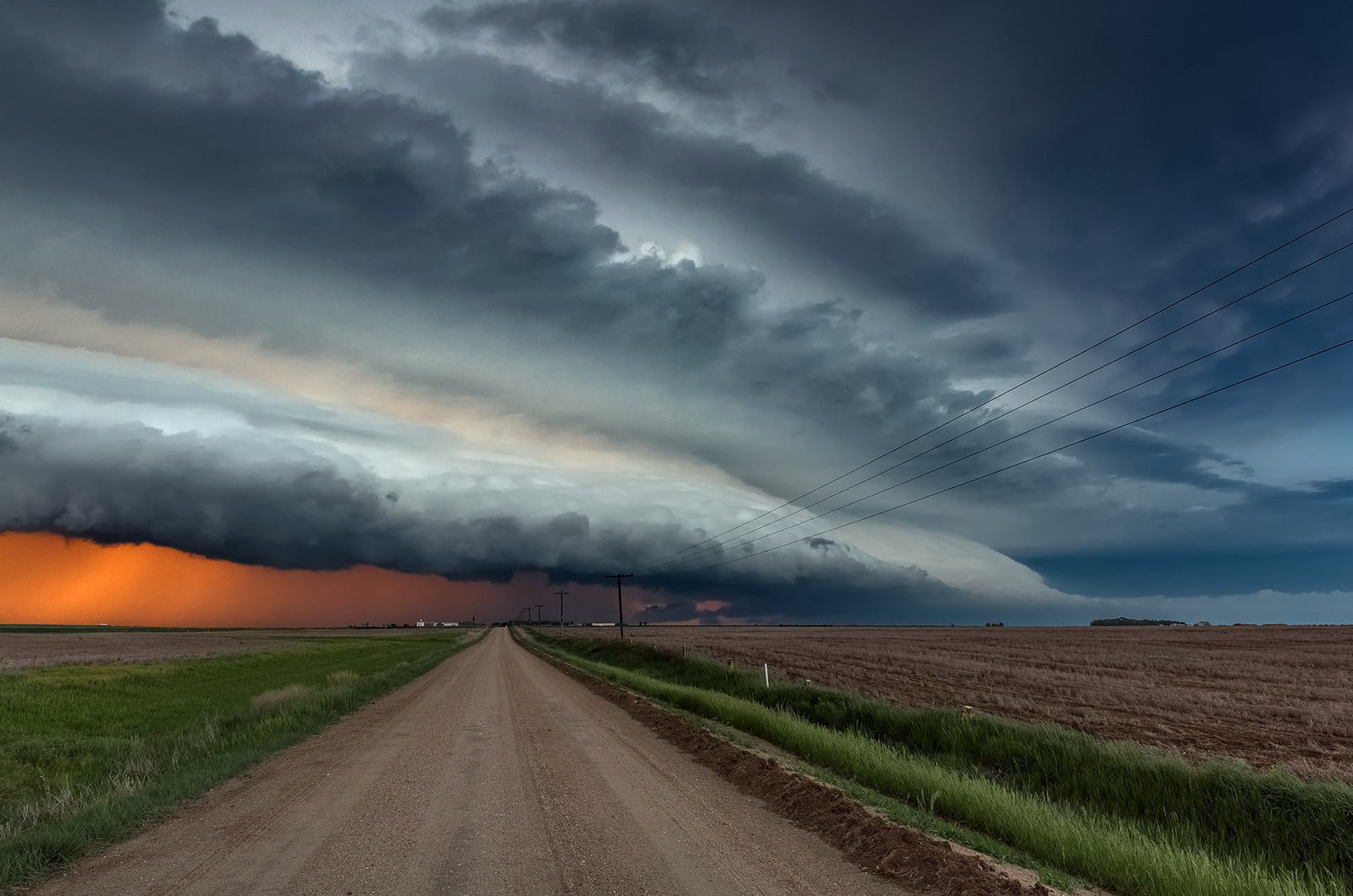 cloud - sky, storm, environment, road, tranquil scene, vanishing point, no people, clouds, path, extreme weather, storm cloud, transportation, direction, HD Wallpaper