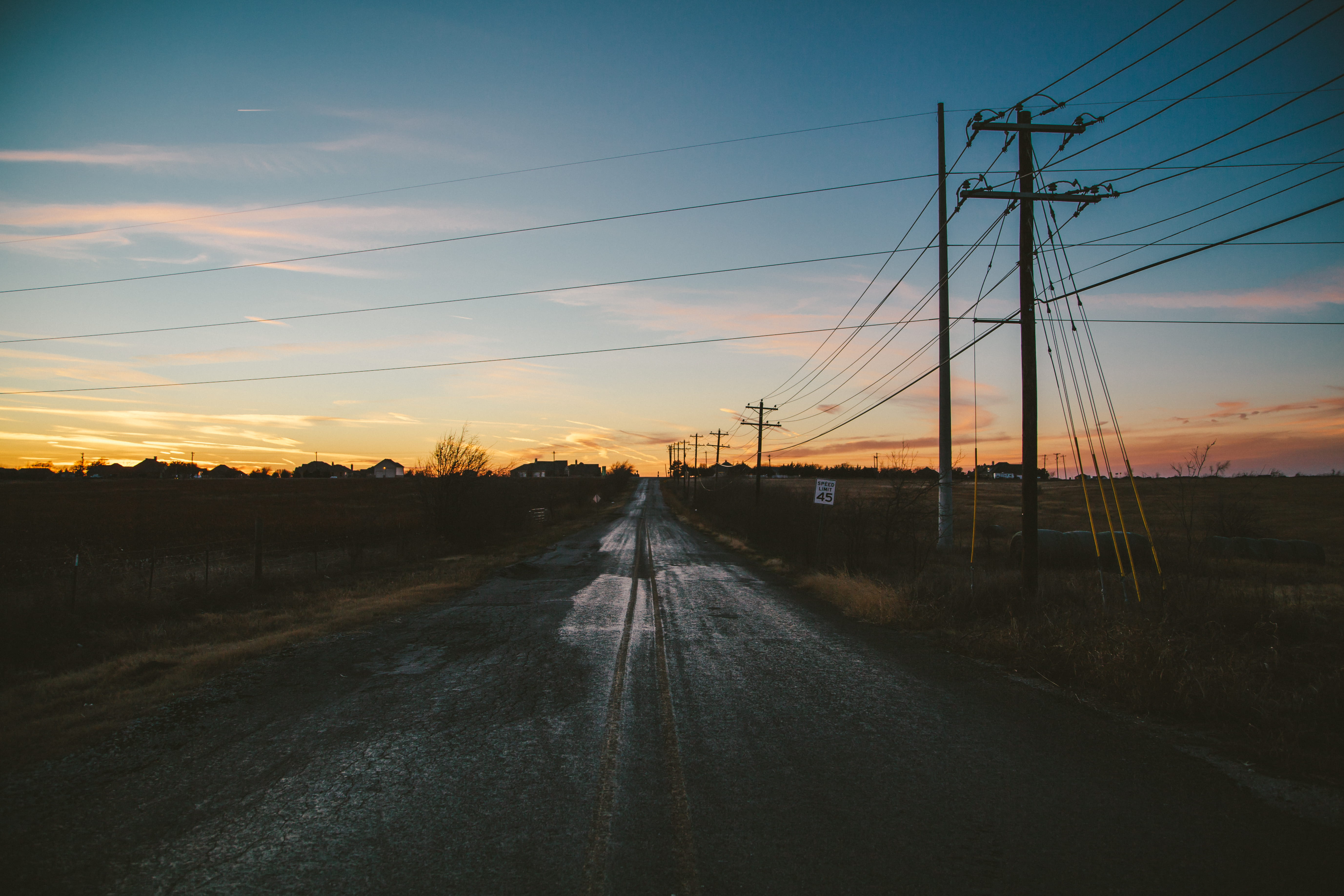 transportation, outdoors, small town, sunset, united states, power supply, vanishing point, road, austin, electricity pylon, landscape, country, celina, HD Wallpaper