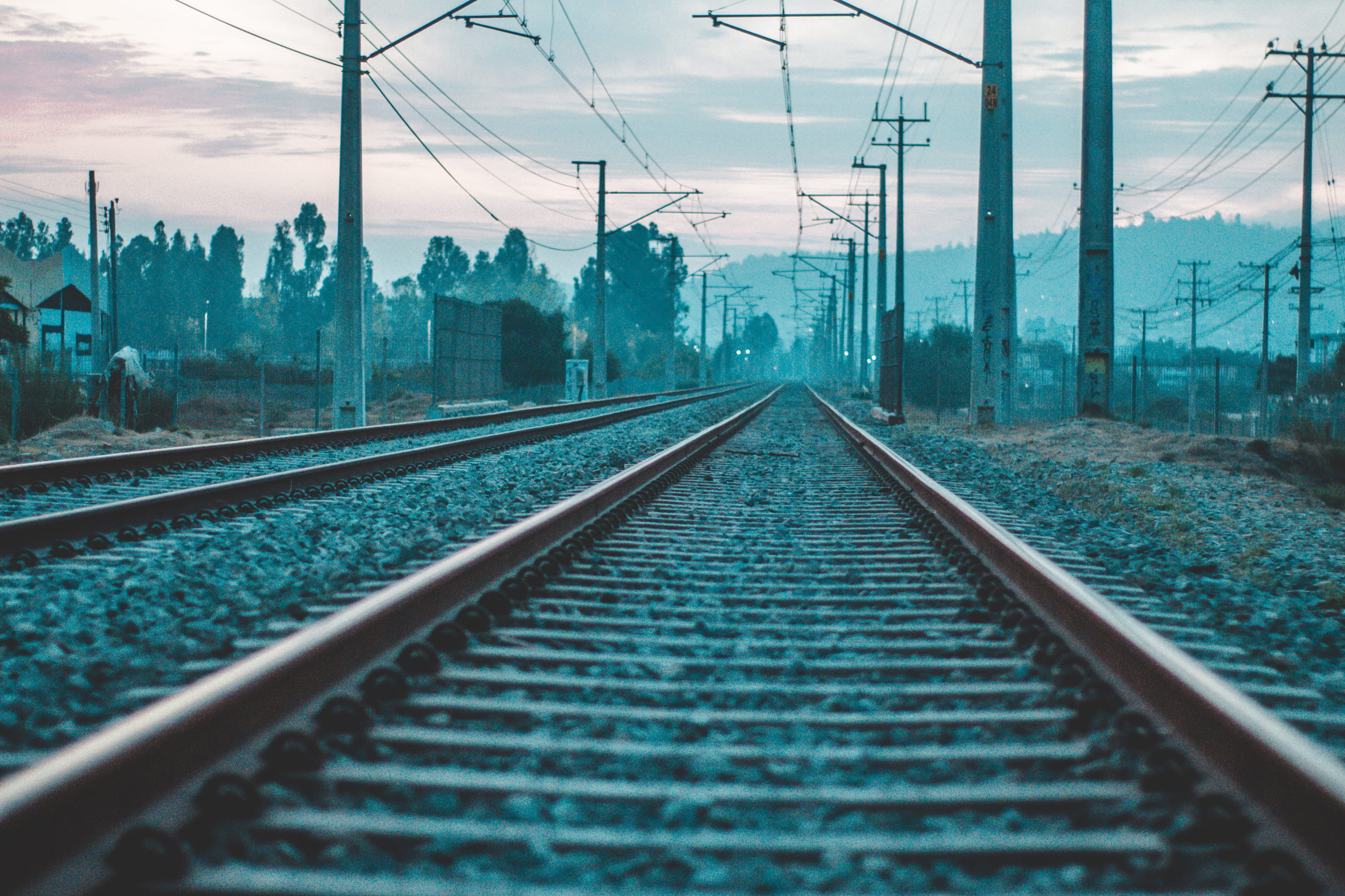 direction, no people, straight, transportation, pole, vanishing point, metal, tech, electricity, brown, perspective, silhouette, sunrise, 2K, road, power line, HD Wallpaper
