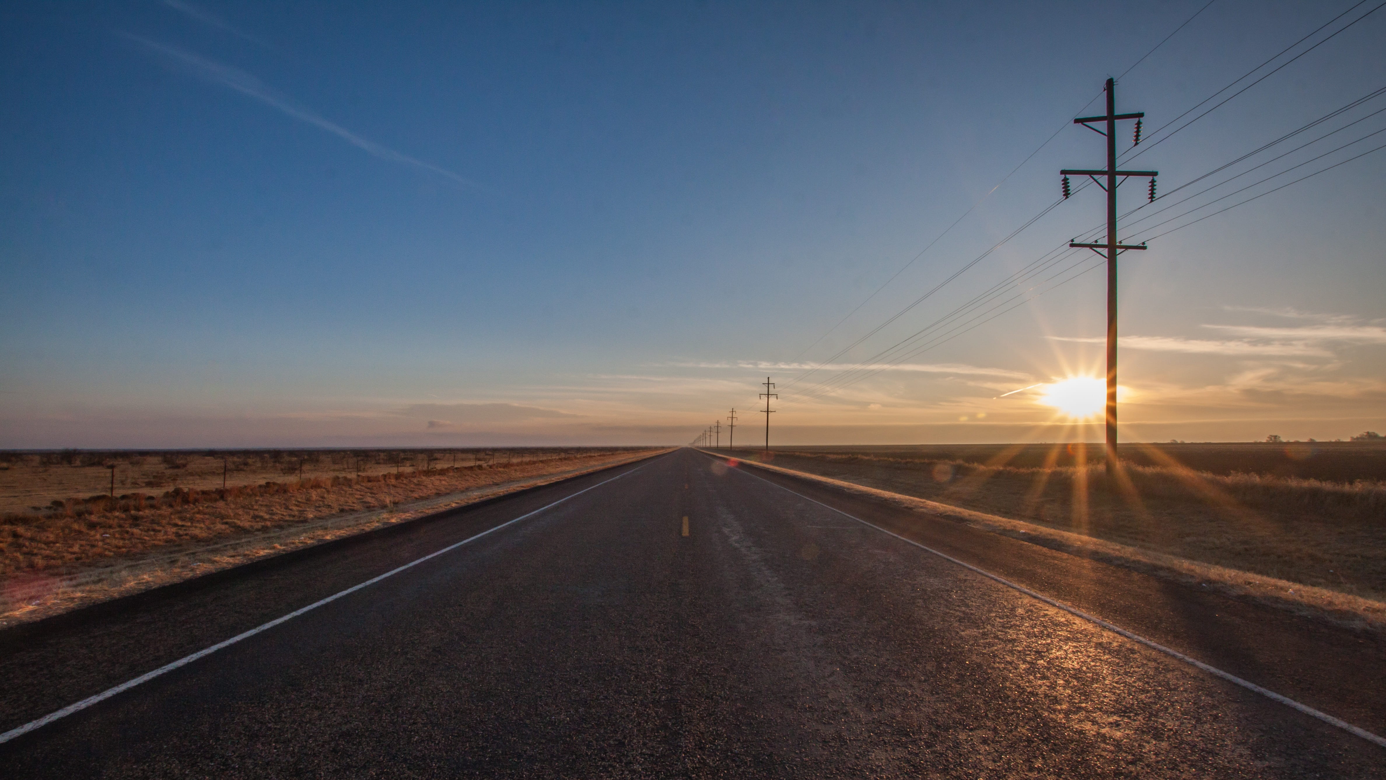 sunny, the way forward, landscape, asphalt, countryside, outdoors, sun, vanishing point, lens flare, technology, blue, cable, road, transportation, sky, HD Wallpaper