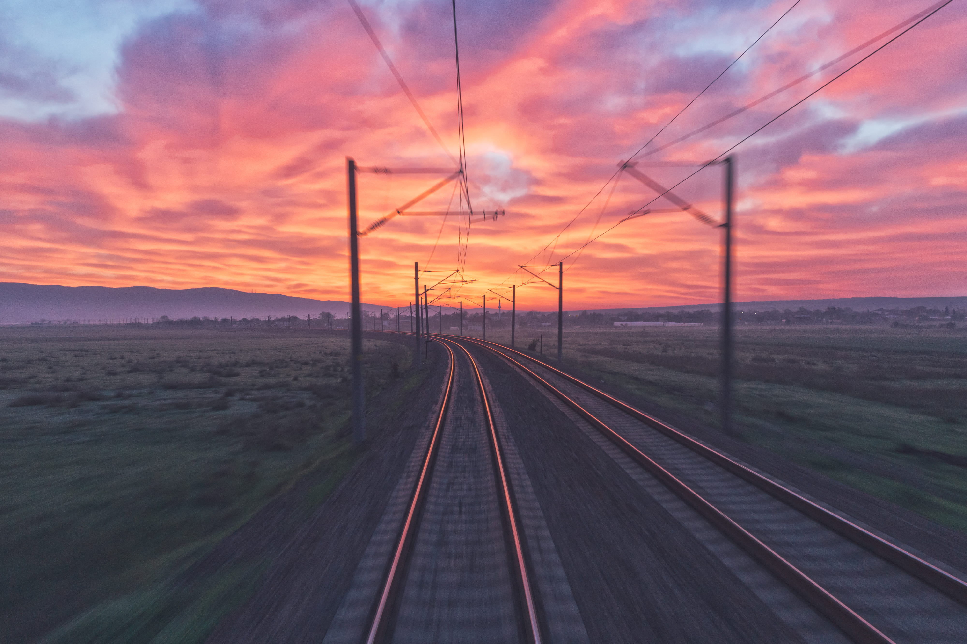 green, power supply, orange, no people, speed, moving, railroad track, lapse, cloud, electricity pylon, transportation, railway, outdoors, electricity, HD Wallpaper