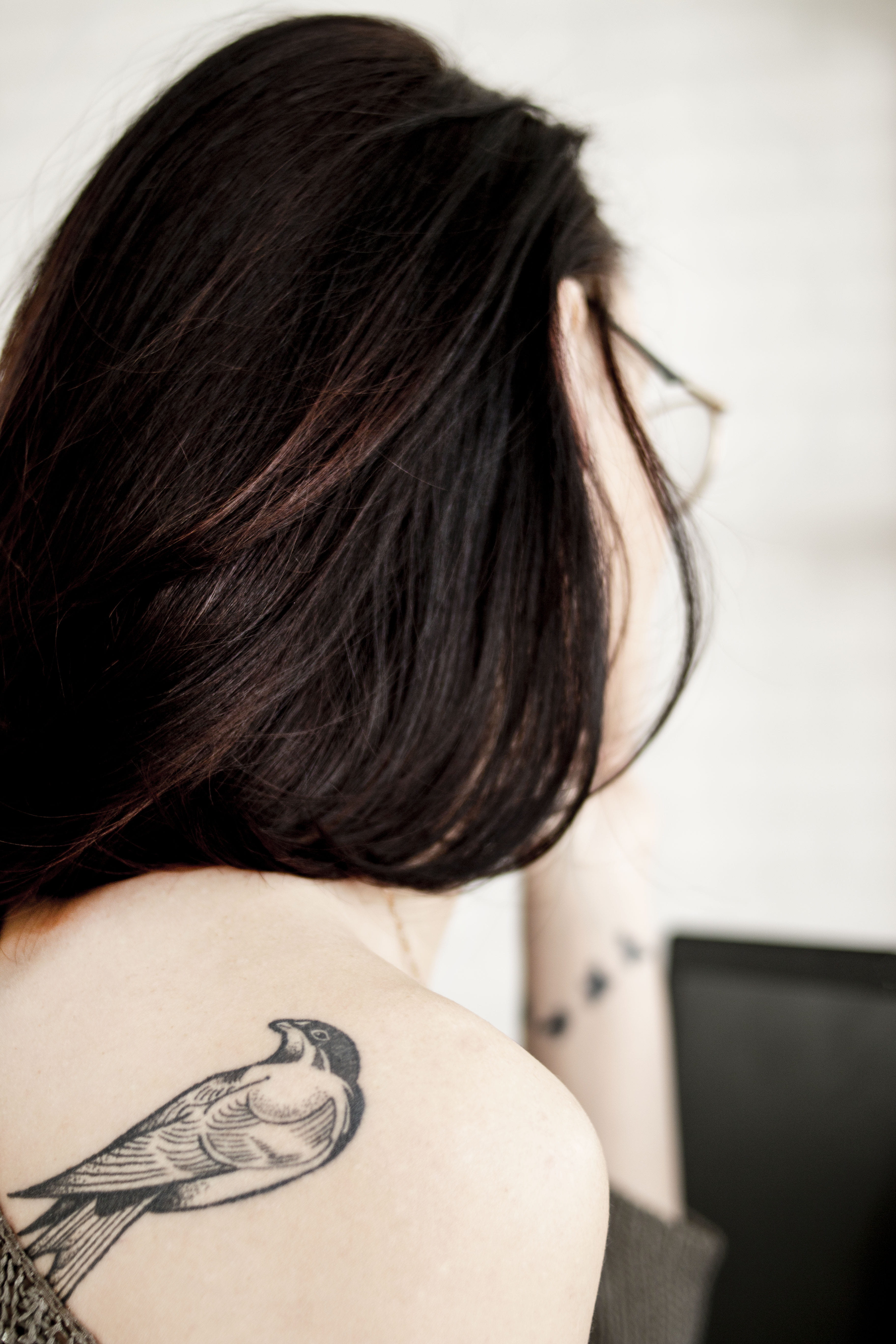 artistic, young women, fashion, brown hair, indoors, tattoo, tatoo, skin, women, s, human hair, 5K, bird, portrait, shoulder, long hair, beautiful, one person, Phone HD Wallpaper