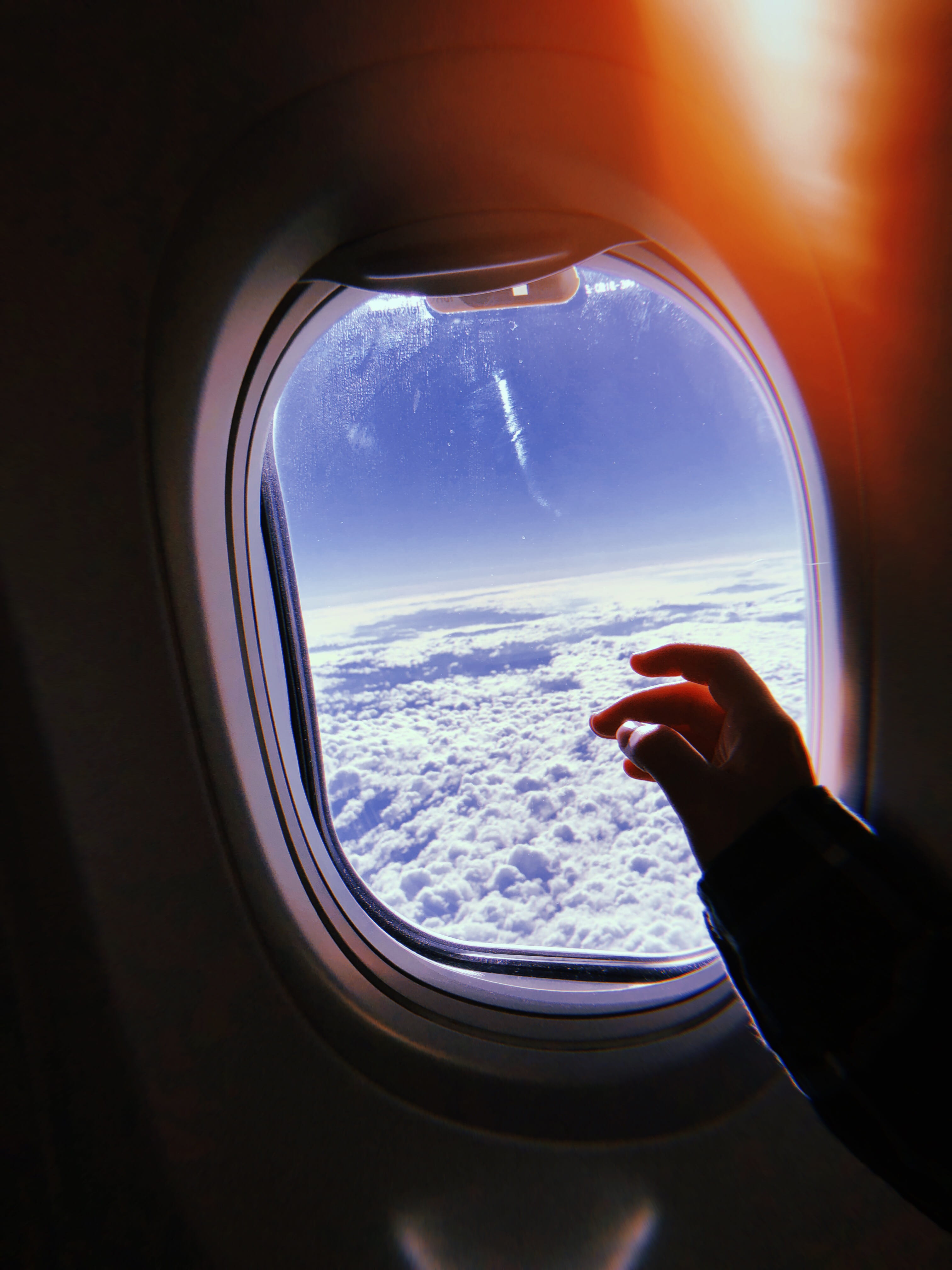 one person, flying, travel, artsy, human body part, plane window, aesthetic, light, transparent, nature, plane, flare, window, sky, mode of transportation, Phone HD Wallpaper