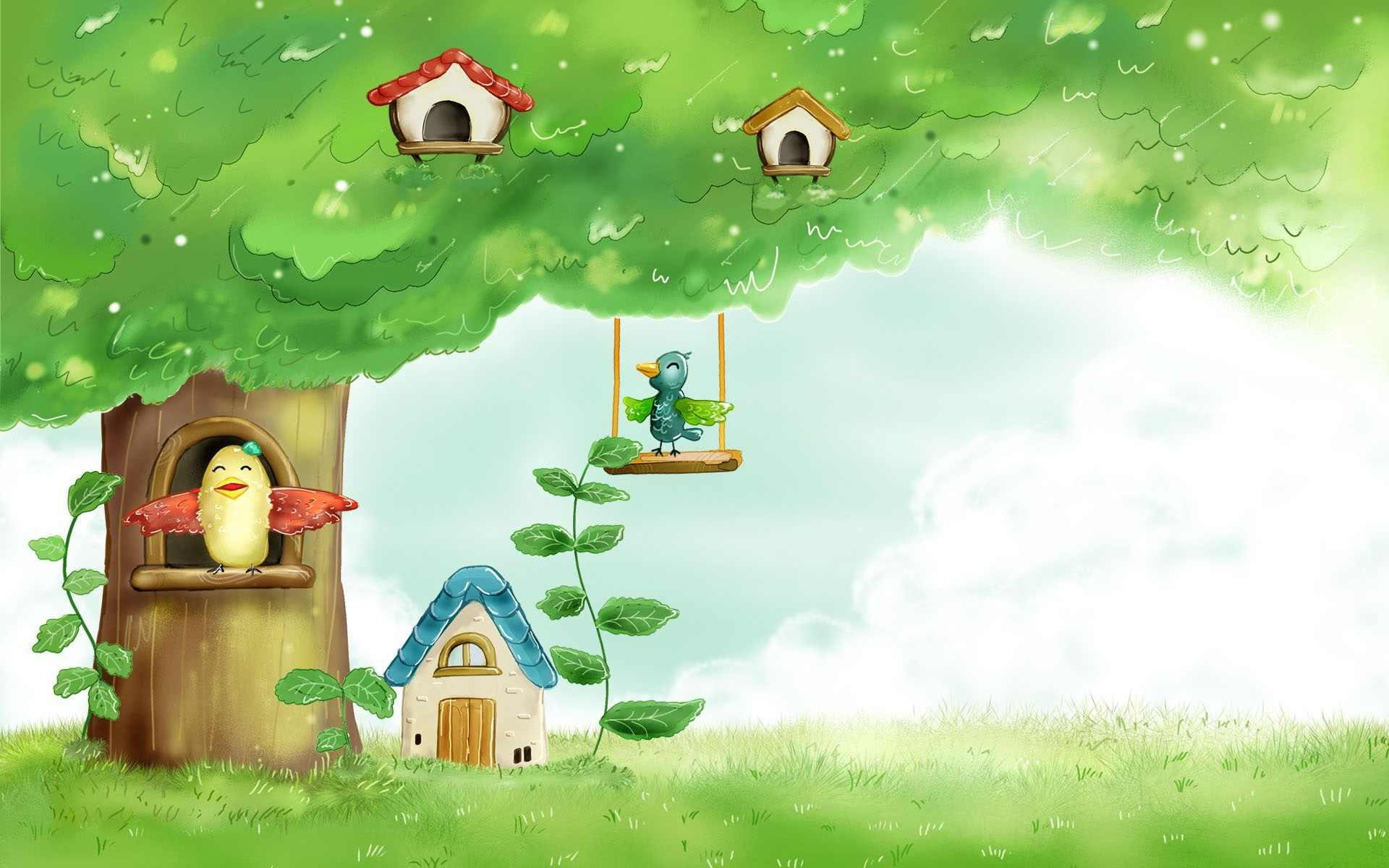 brown, 1080P, two, red, birds, cute, animated, beige, swing, birdhouses, bird, artsy, blue, plants, white, summer, yellow, green, spring, tree, HD Wallpaper