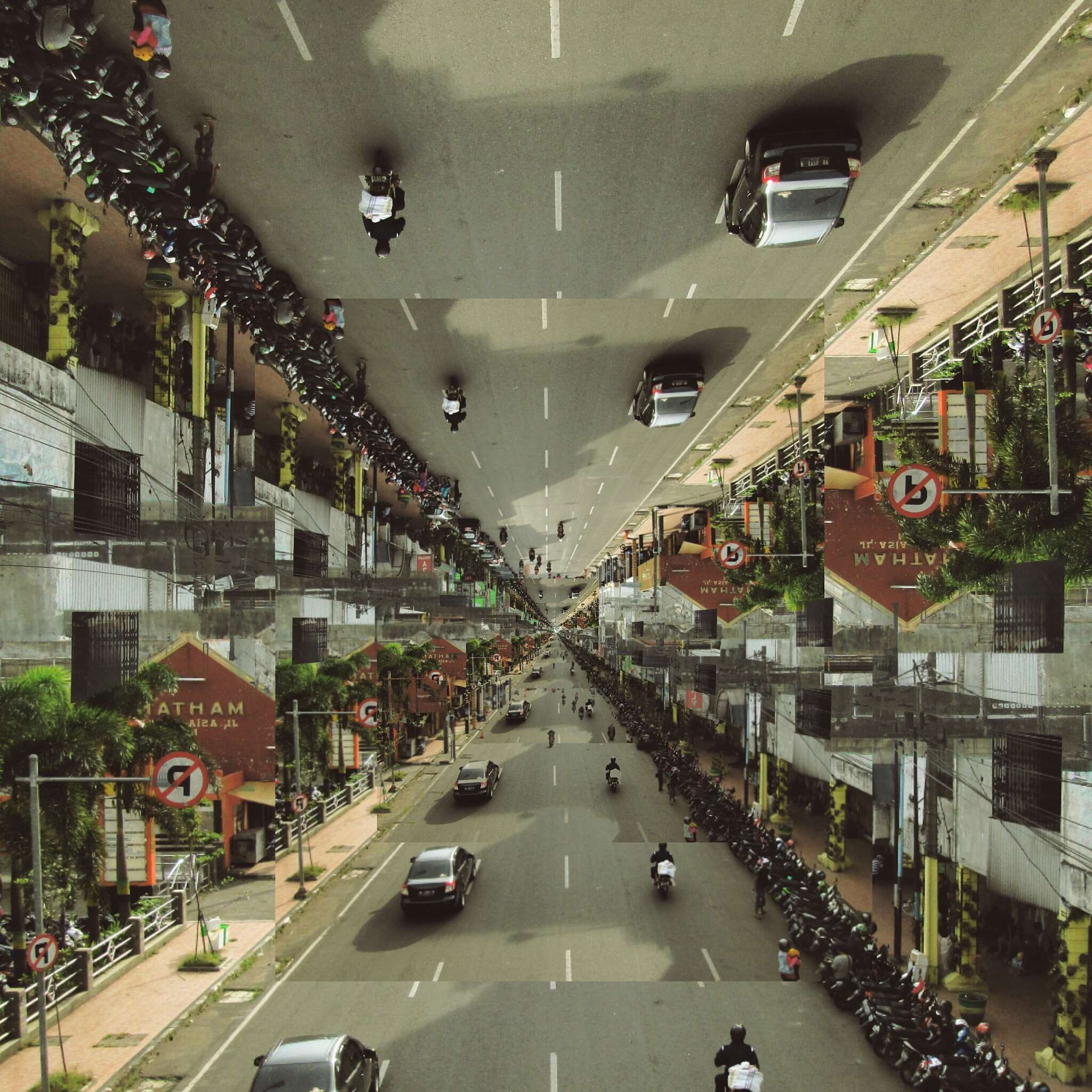building, symbol, incidental people, car, road, architecture, motor vehicle, artsy, photography, adobe photoshop, mode of transportation, direction, high angle view, Phone HD Wallpaper