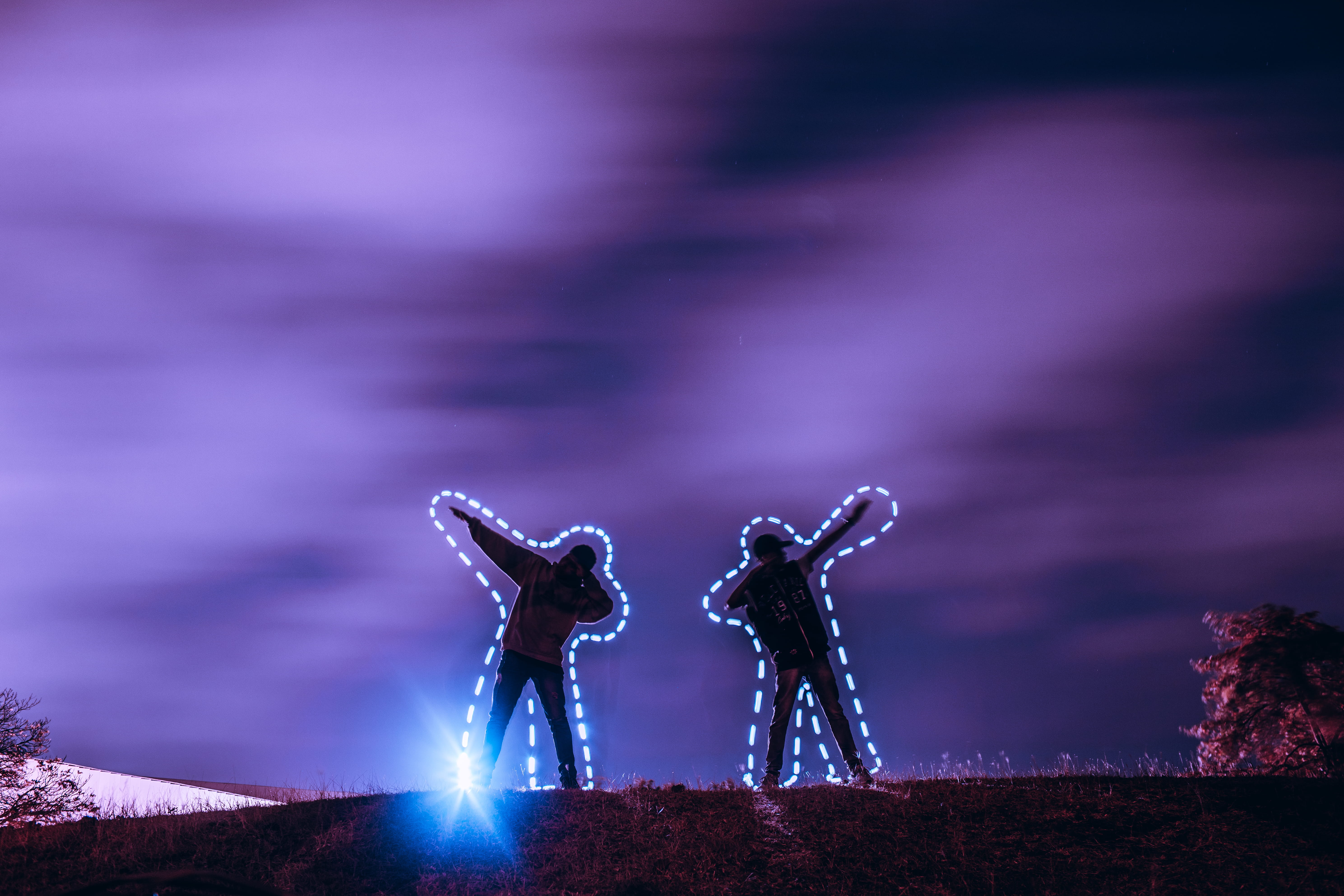 standing, light, illuminated, dark, full length, nature, night, hill, emotion, evening, landscape, conceptual, dramatic sky, cloud - sky, dawn, two people, HD Wallpaper