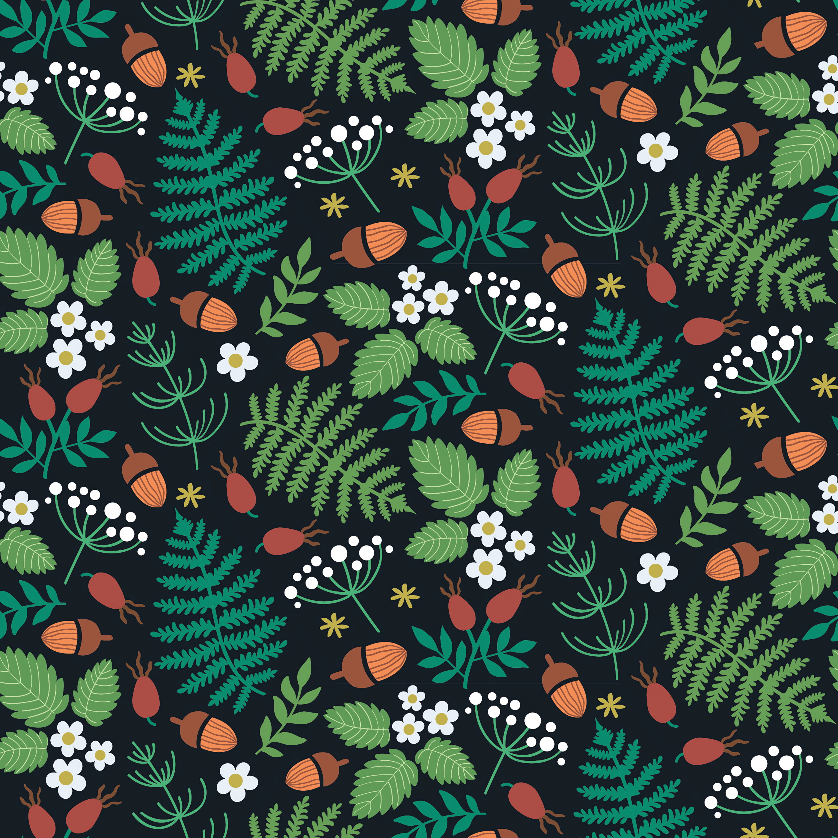 pattern, motif, acorns, strawberries, leaves, forest, 2K, berries, Phone HD Wallpaper